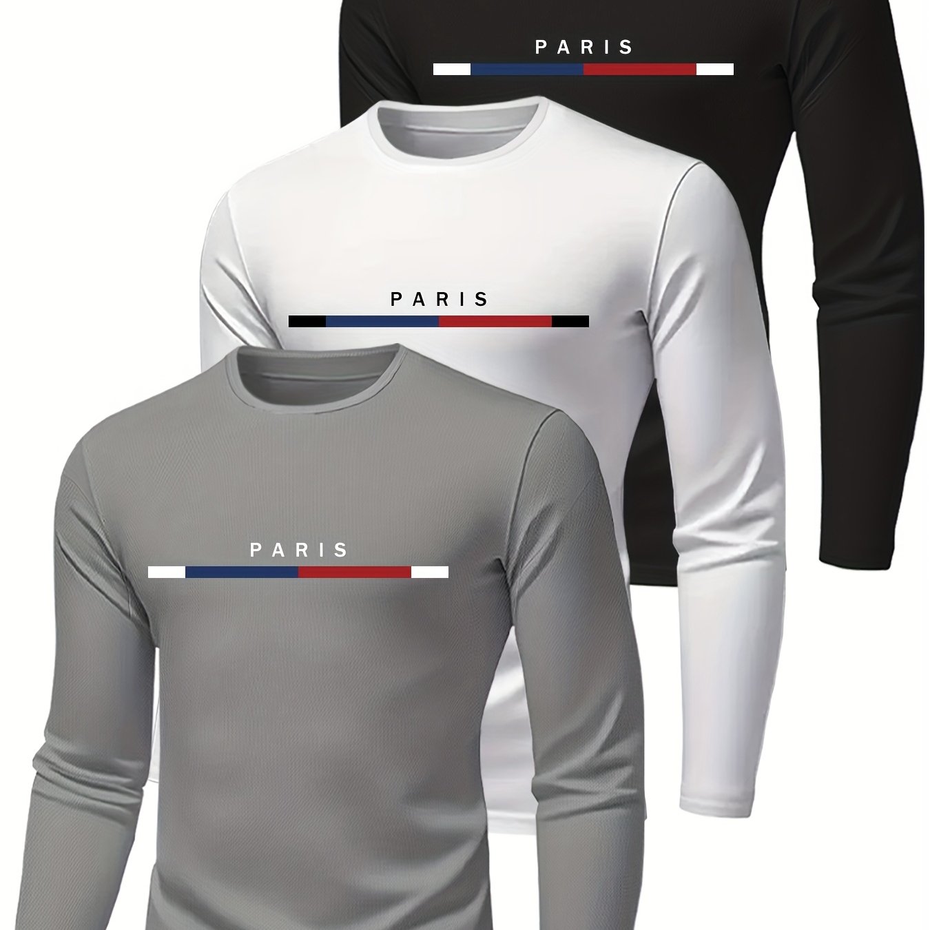 TEMU Set Of 3 Men's Long-sleeve T-shirts - Made From Breathable Polyester - Featuring Print Design, Regular Fit, Suitable For Wear , Summer, Autumn,