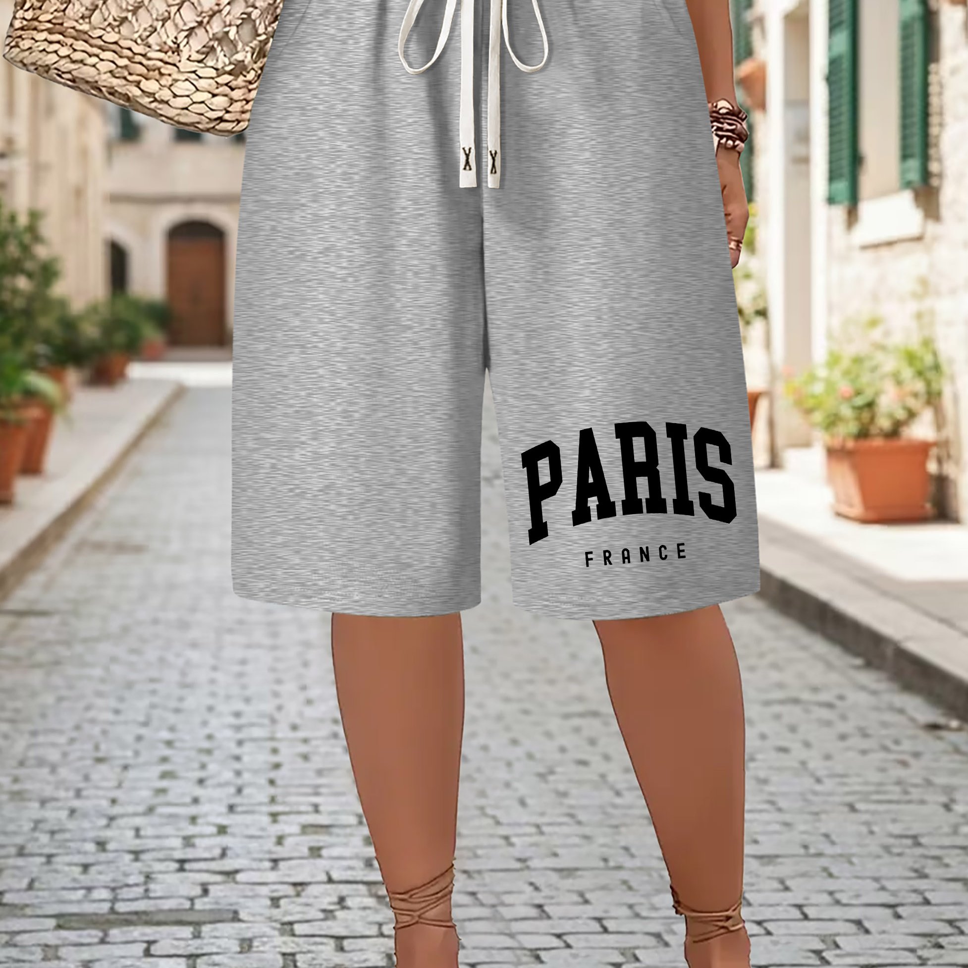 TEMU Summer Women's Casual Shorts, Paris Print Elegant Ladies Knee-length Shorts, Loose Shorts, Women's Beach Pants, , Suitable For Travel Wear,