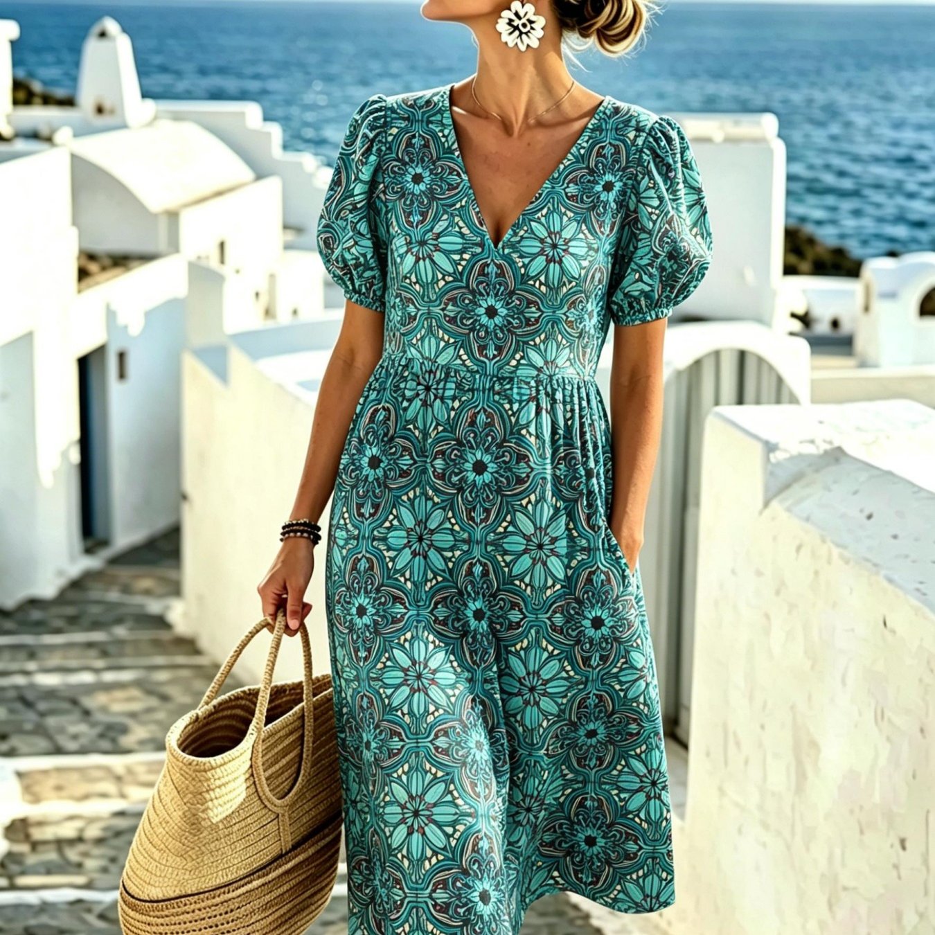 Image of Women's Summer V-neck Dress Teal Medallion Prints Pattern Puff Short Sleeves Elegant, Exquisite Fashionable Machine Washable With Pockets Suitable For Daily Wear Party Gatherings Perfect Gift