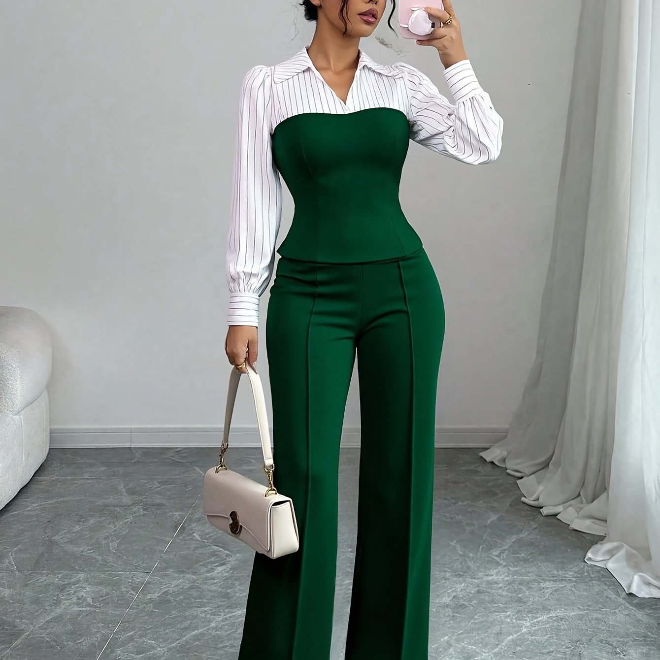 TEMU 2pcss Women's Thin Striped Elegant Casual 2pcs Set, Long Sleeve Top And Pants