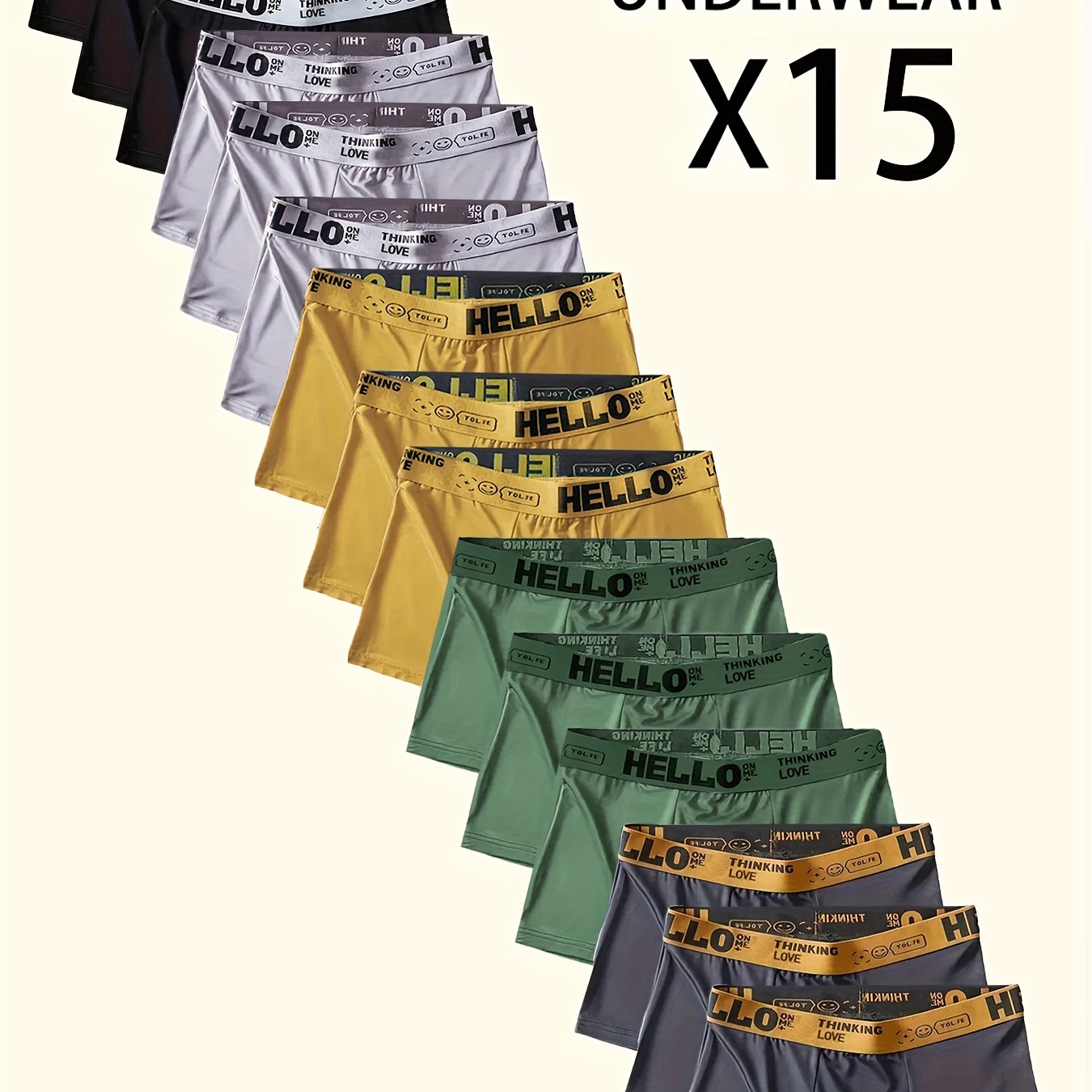 Image of 15pcs Men's Boxer Briefs, Letter Hello Belt, Breathable Soft Casual Fashion Sports Underwear