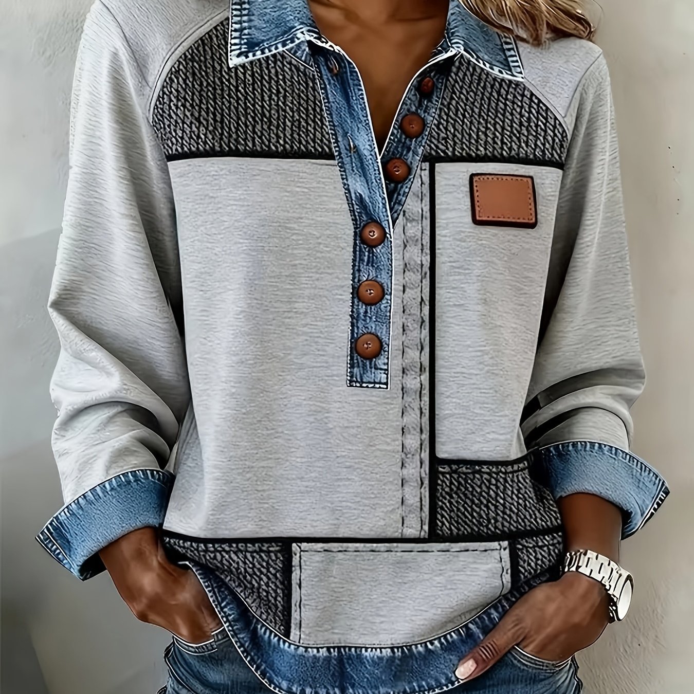E-shop [Gedruckte Muster – kein Denim-Stoff] Lässiges modisches Langarm-Top mit Reverskragen | Elegante schmale Passform, Ganzjahres-Knopfleiste,