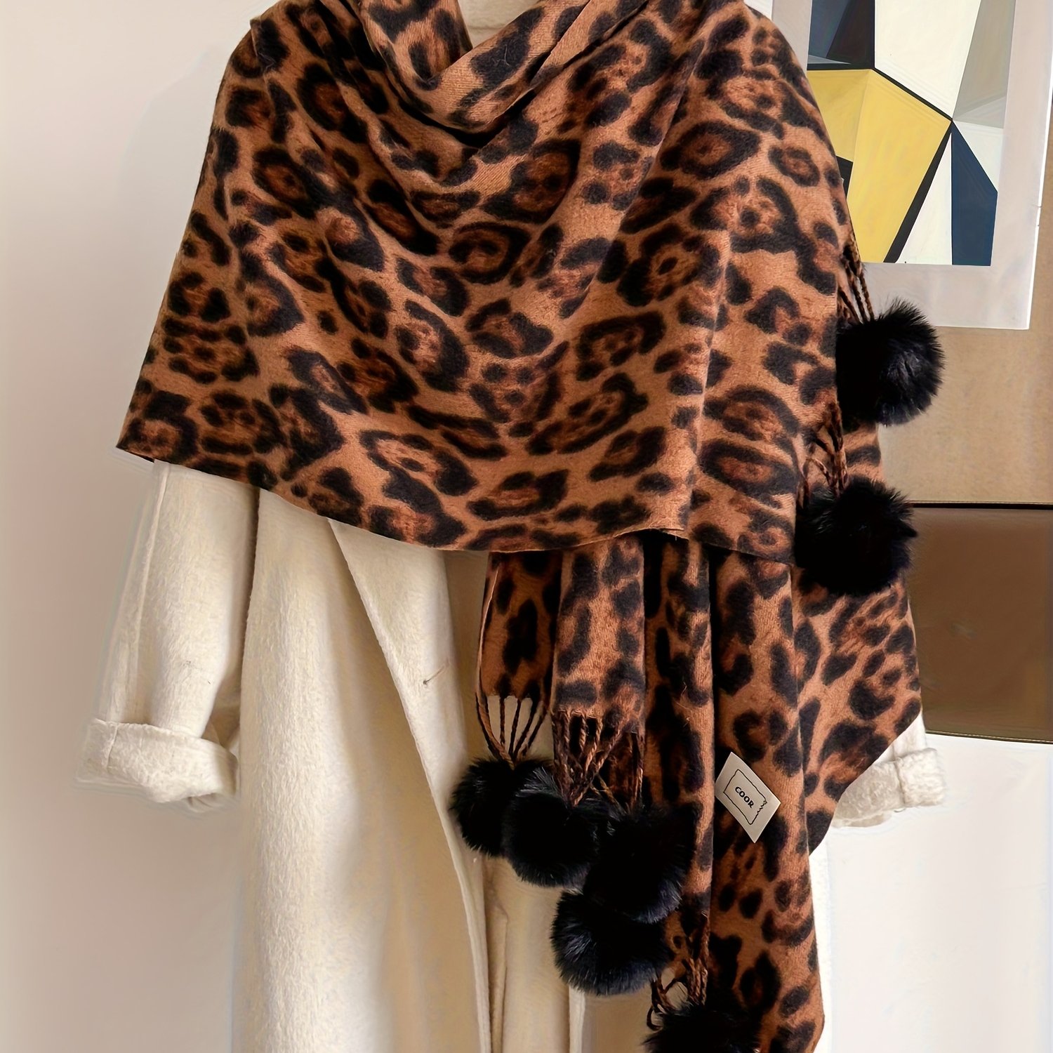 TEMU Foulard à boule à imprimé léopard vintage grande taille - Un accessoire chaud et élégant pour des femmes européennes et américaines, confortable