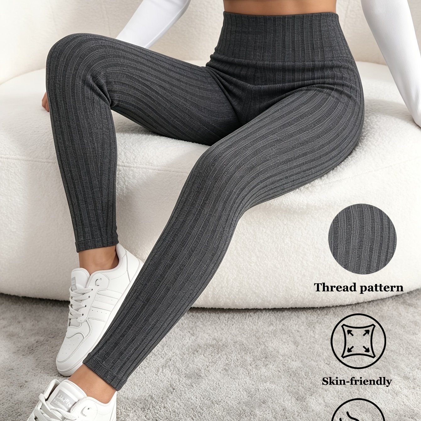TEMU Autumn Winter Seamless Solid Color Wide Waistband High Stretch Ribbed Thickened Leggings Comfortable Tummy Control Soft Moisture Wicking Ribbed