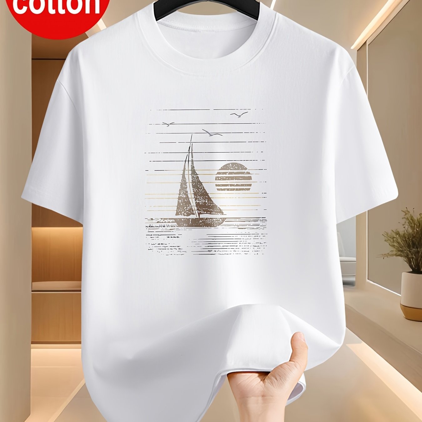 Image of 100% Cotton Men's Summer Short-sleeve T-shirt, Fashionable And Simple Patterned Top, Pure Cotton Fabric For And , Essential For Outdoor Sports, Leisure, And Travel