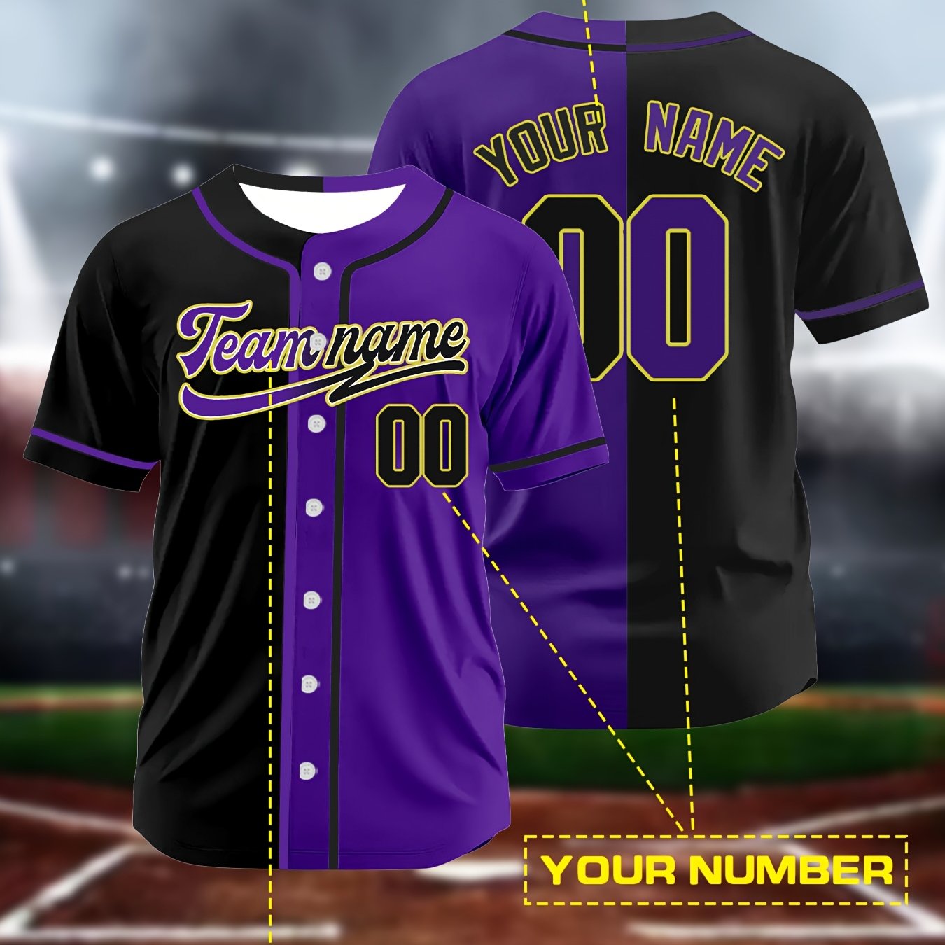TEMU Custom Baseball Jersey Sweater T-shirt Purple Black Color-block Personalized Logo Fan T-shirt Comfortable Breathable Athletic Wear Special