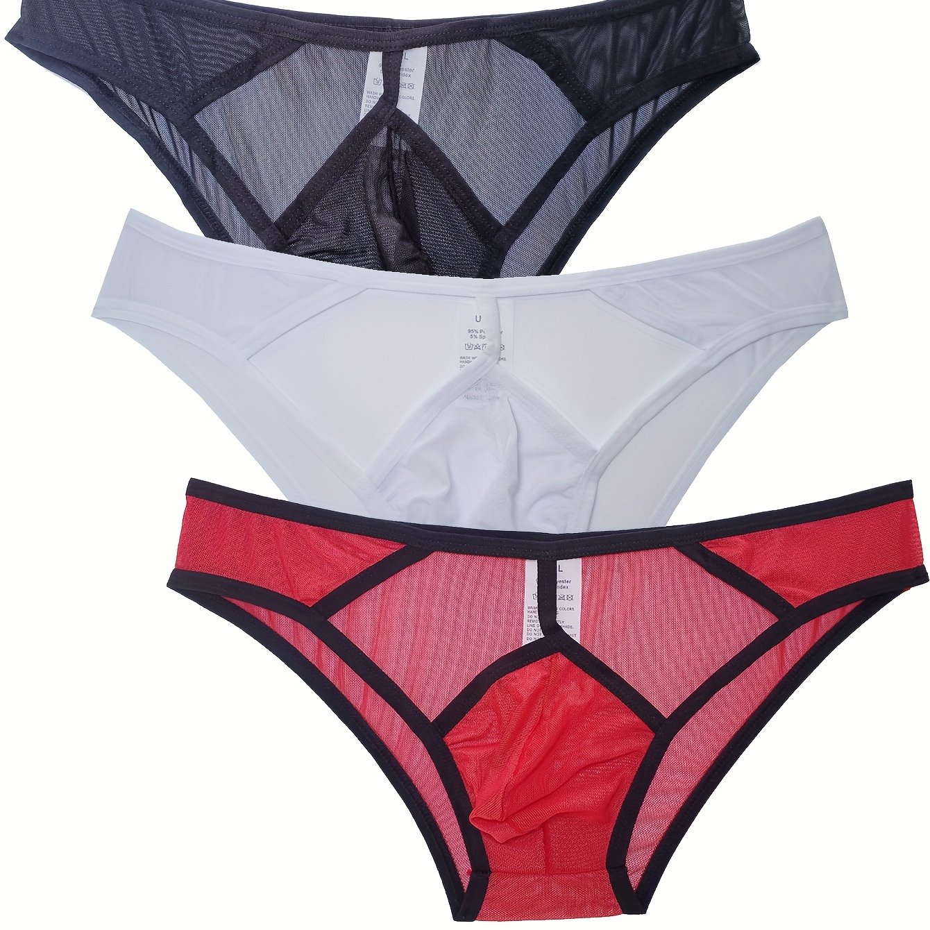 TEMU 3-pc Men's Briefs Sheer Mesh Elastic Ultra-thin Individual Fashion Low-waist Breathable Sweat-absorbing Athletic Base Shorts Trendy Comfortable
