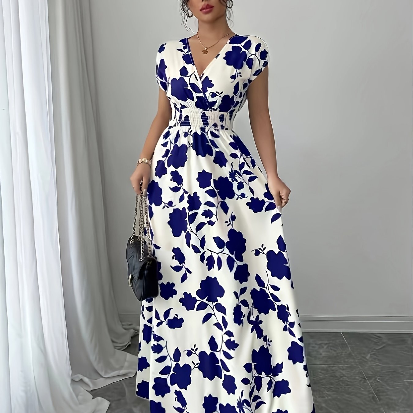 TEMU Vintage Leaf Print Waist-cinching Flared Maxi Dress