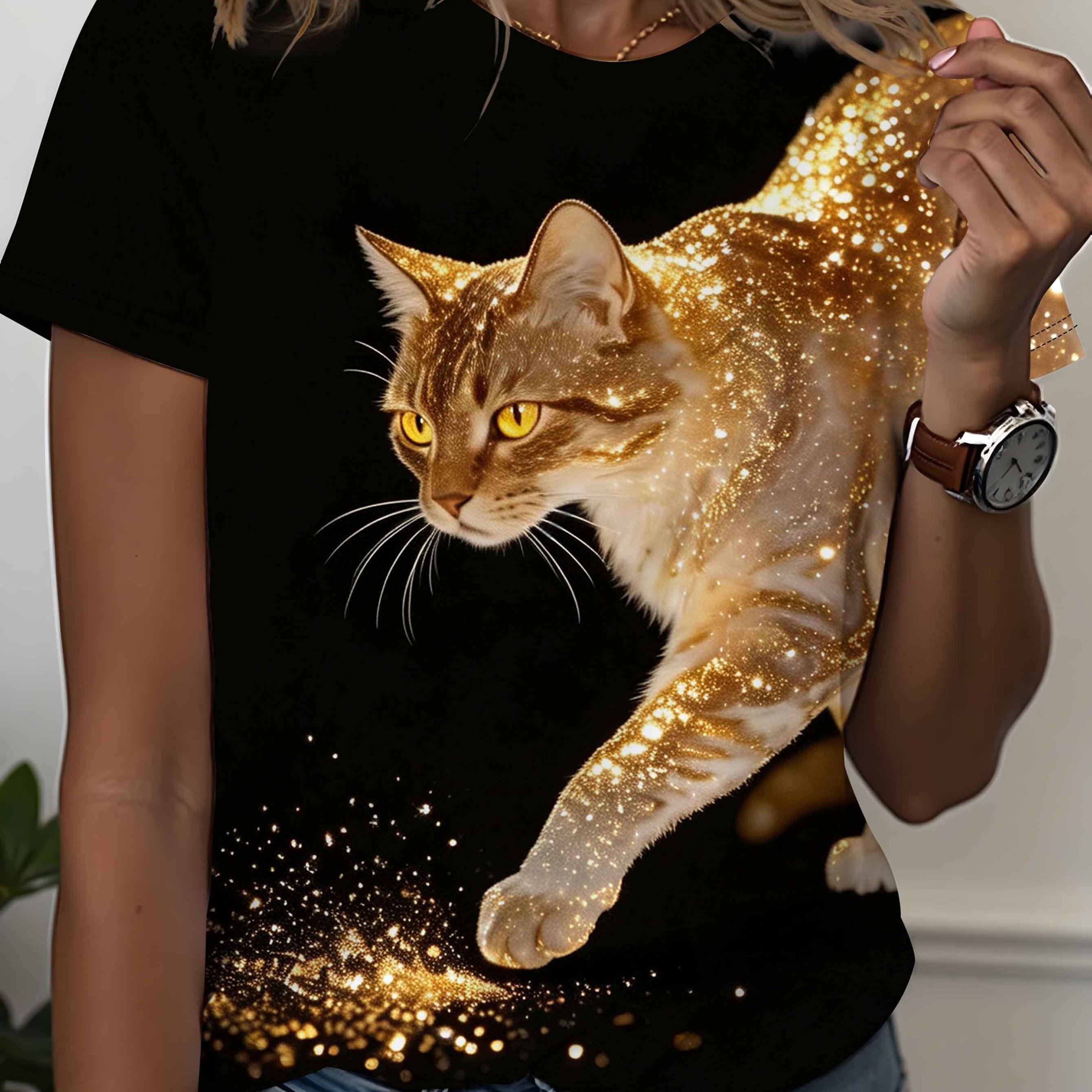 TEMU Women's Cat Print Round Neck Short Sleeve T-shirt: Black Glitter Design, Loose Casual Top, Suitable For Summer Daily Wear And Commuting; Women's