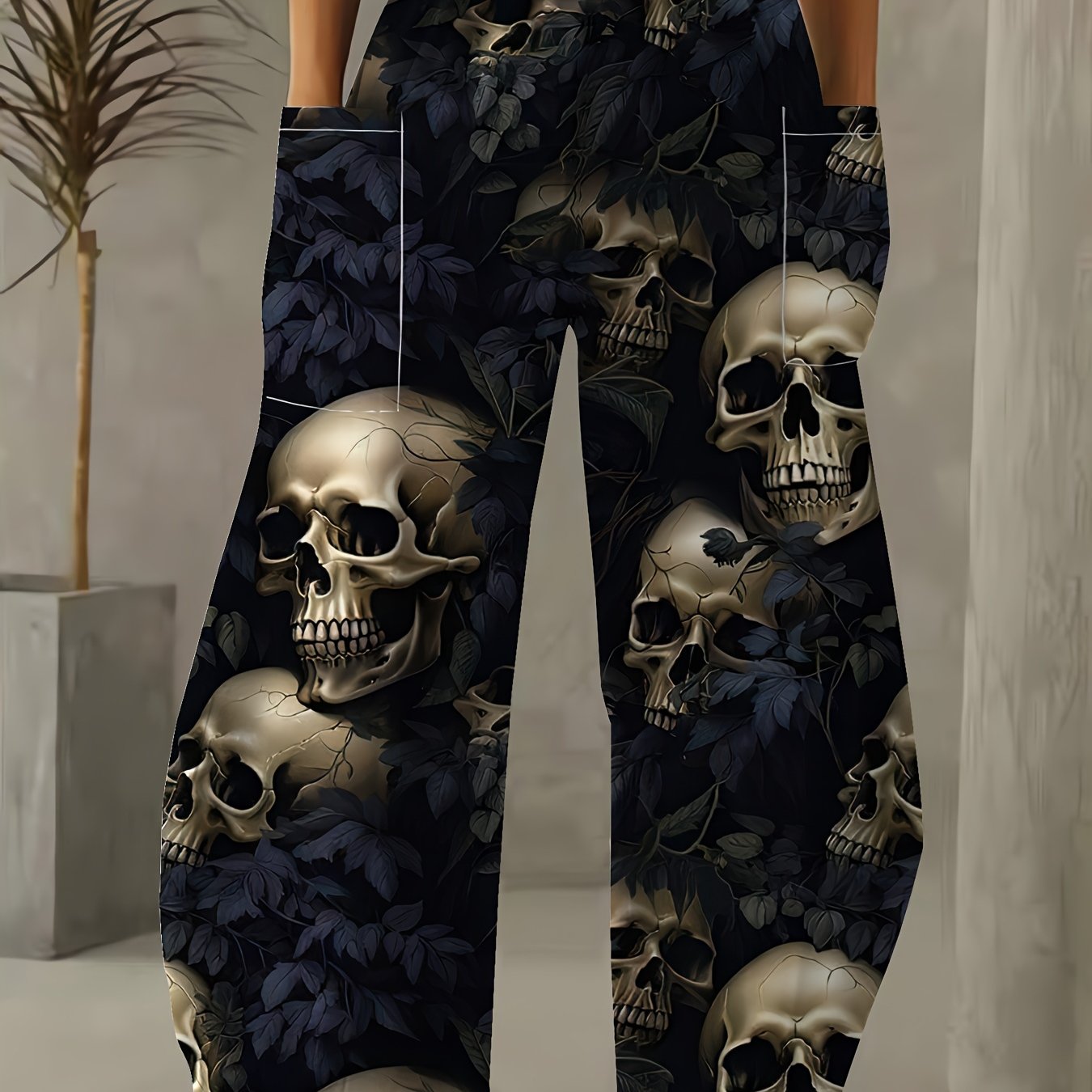 TEMU Plus Size - Plus Size - Retro Dark Skull Plant Wide-leg Women's Pants Hip-hop Street Drape Lazy Plus Size Everyday Versatile Trendy Wide-leg