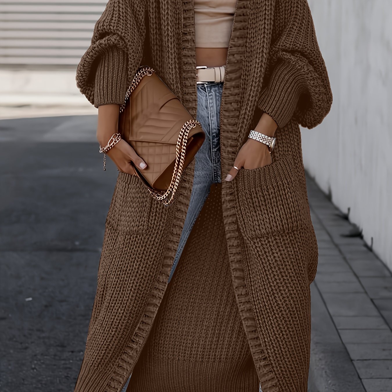 TEMU Women' Color Casual Long Sleeve Drop Shoulder Cardigan | Fall/winter Long Length Coat With Pockets, Brand Nzzof