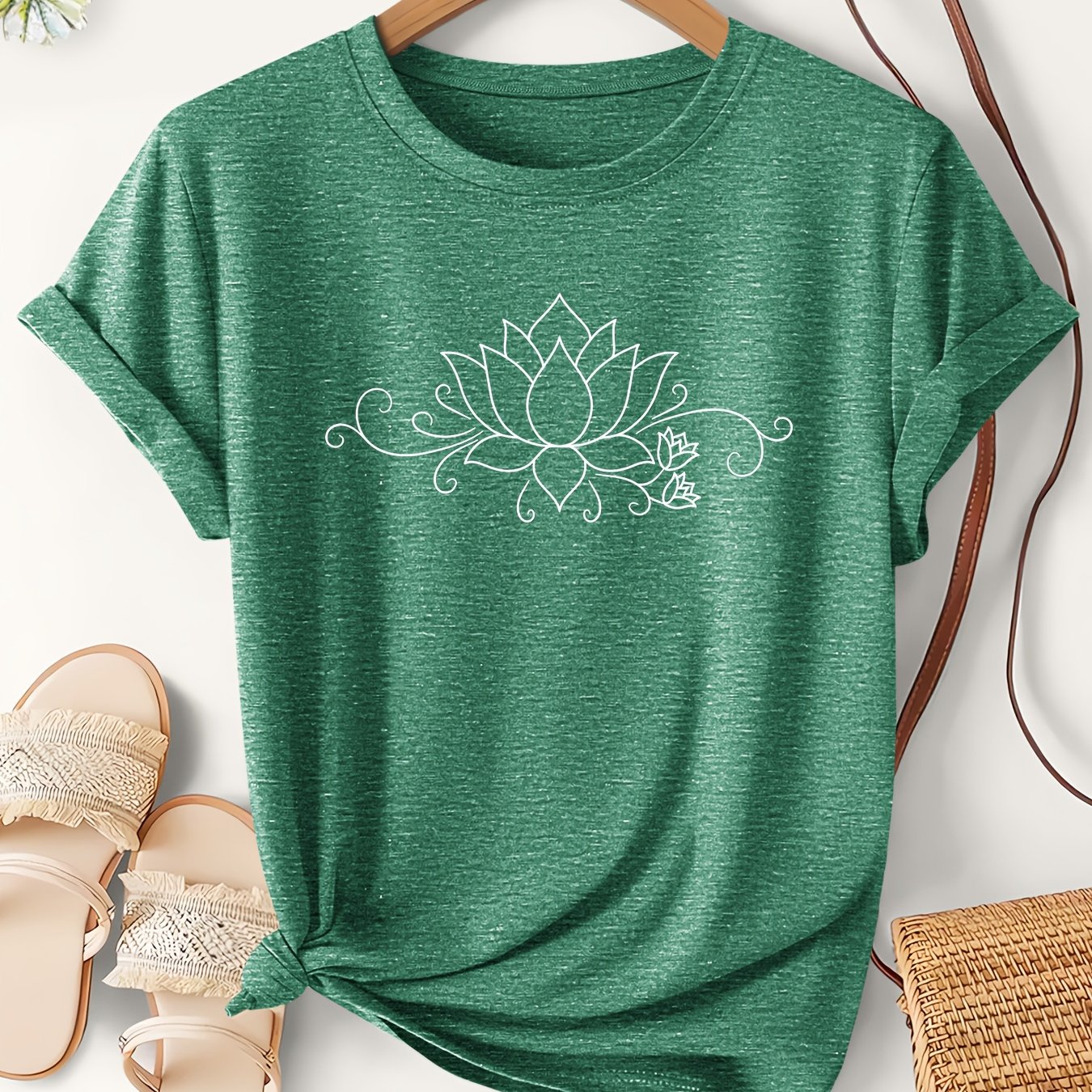 TEMU Women's Minimalist Mandala For Lotus Line Drawing Short Sleeve T-shirt - Lightweight Round Neck Blouse, Casual & Beachwear Top With Lotus Flower