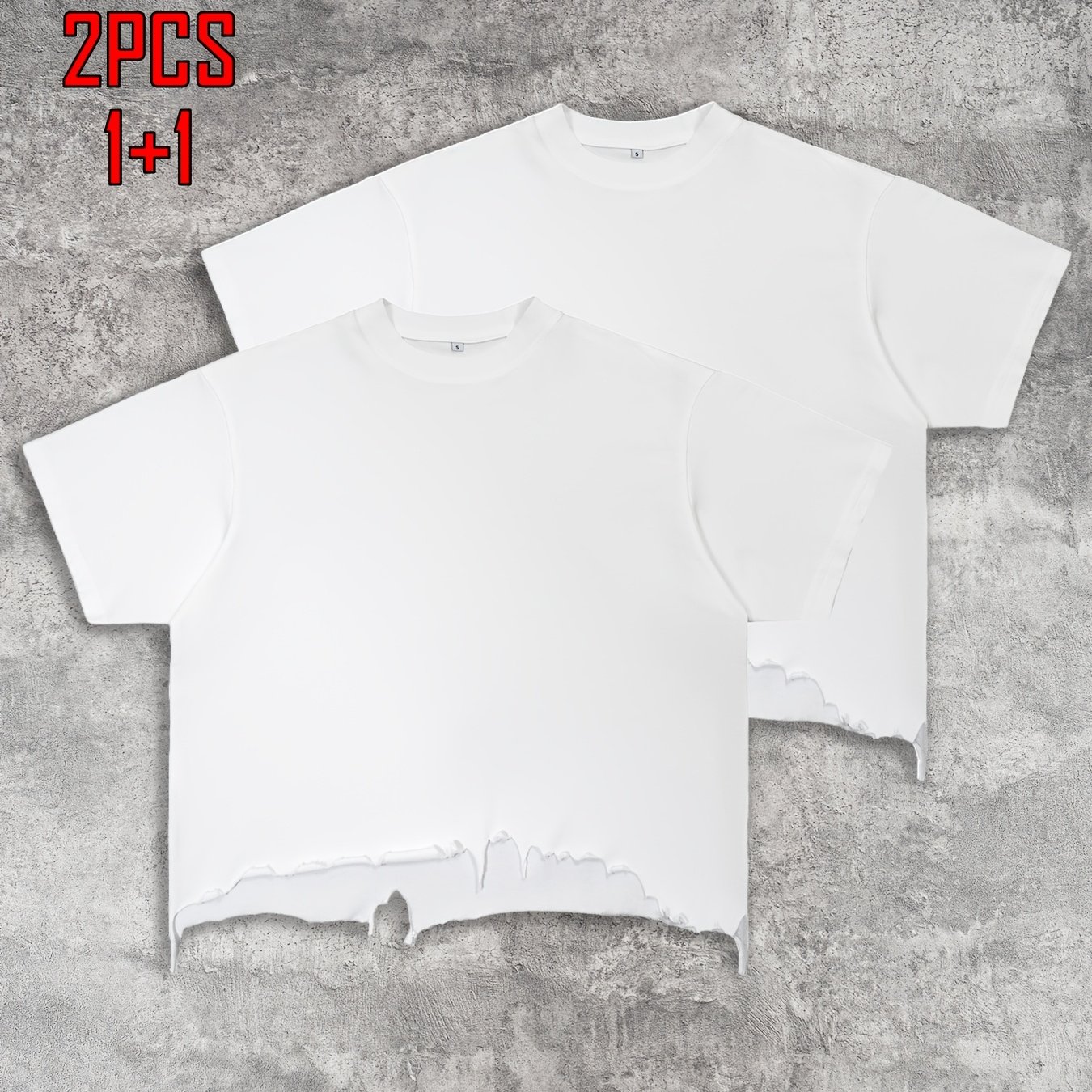 Image of 2pcs Summer Men's T-shirt Hand-made Distressed Style 240g Heavyweight 100% Cropped Boxy Fit T-shirt Vintage Washed Hip-hop Streetwear With Irregular Casual Loose Comfortable Short-sleeved Top For Men