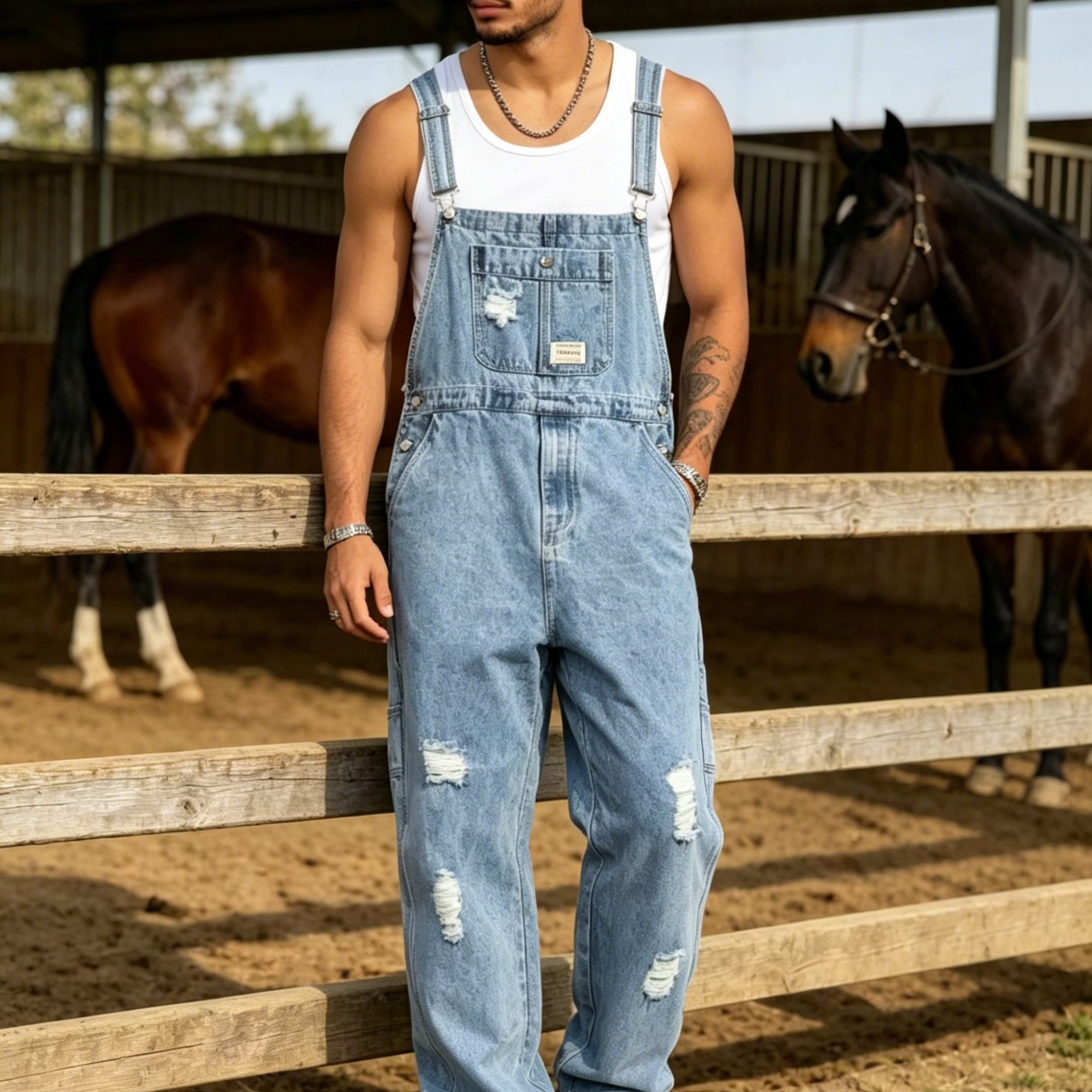 TEMU [hme]l407 Spring/summer Style Men's Casual Overalls, Three-dimensional Tailoring Loose Fit, Multi-pocket Cargo Pants, Classic Washed Blue,