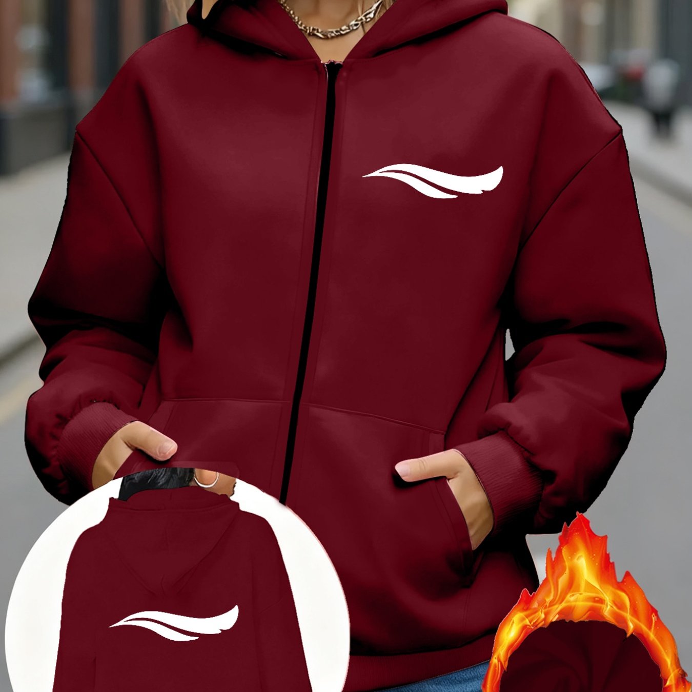 TEMU 1pc Fashion Hooded Sweatshirt Wave Front Zipper Opening Pocket Practical Fleece Lined Warm Loose Fit Comfortable Versatile Print Women's