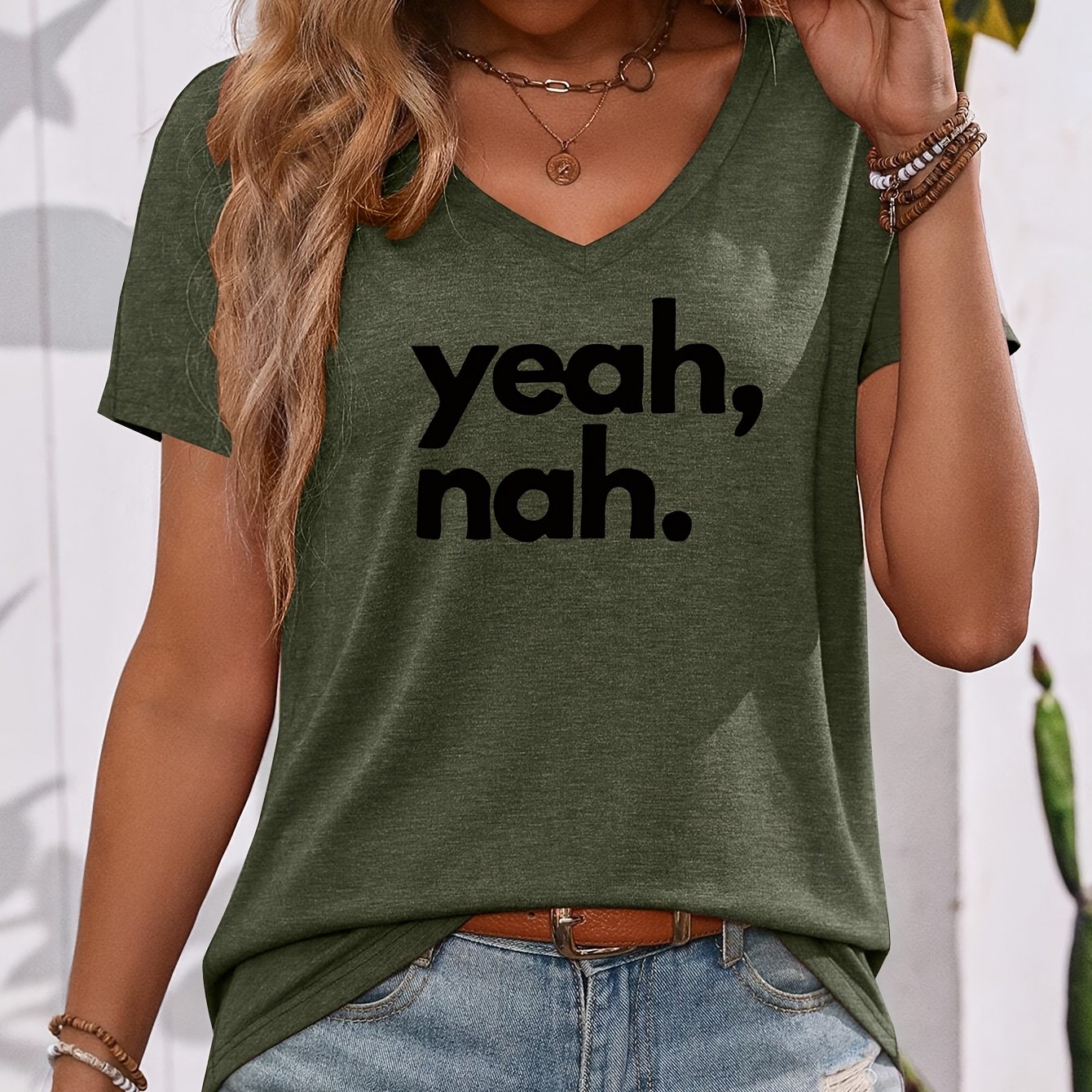 TEMU Easy And , And Slightly Rejection, ", Nah." Letter Print V-neck Short Sleeve T-shirt, Casual, Fashionable V-neck Trendy Short Sleeve, Everyday