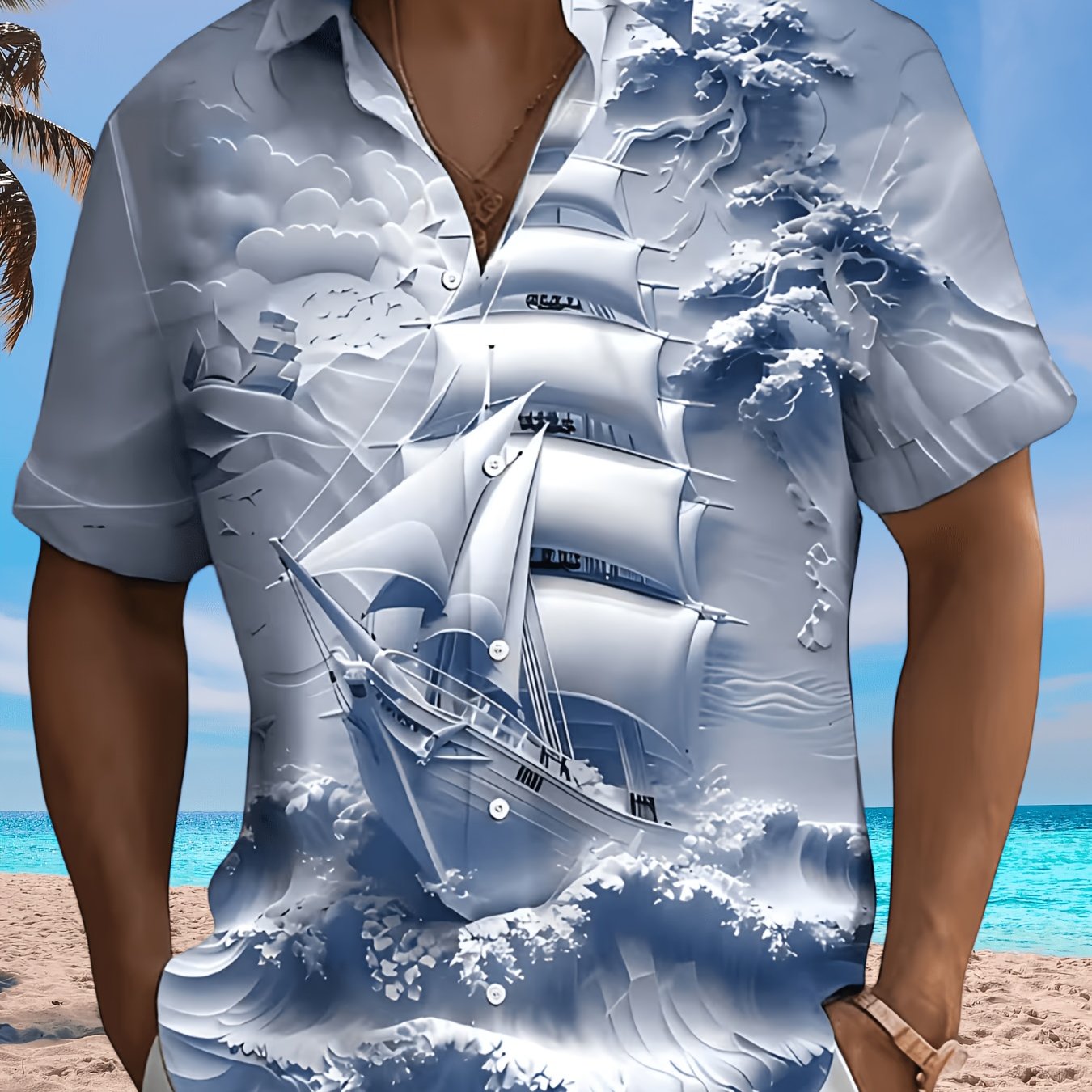 TEMU Men's Casual Short-sleeve Shirt With Sailboat Print, Relaxed, Stylish, And Versatile For Beach Vacations