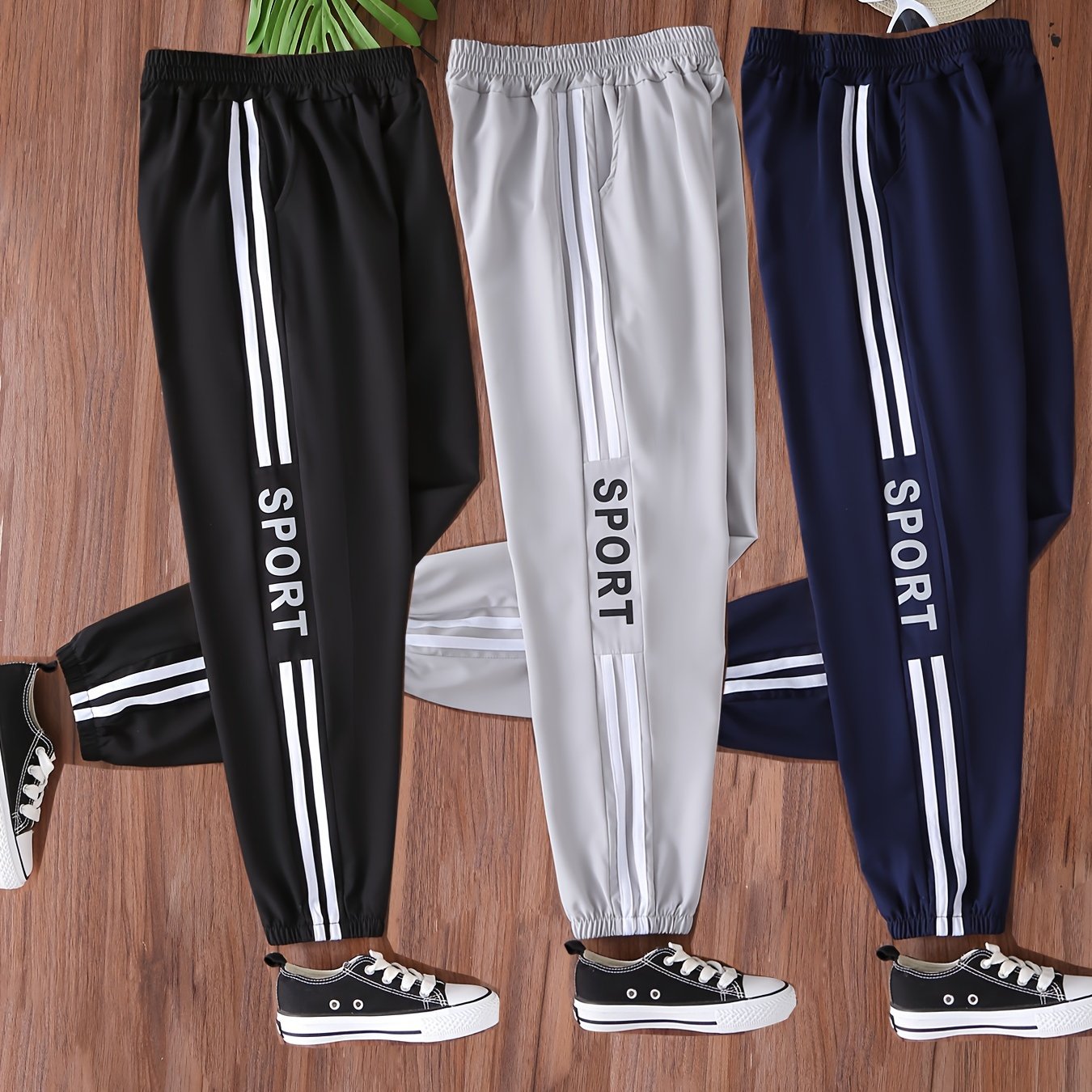 Combo Pc Boys' Long Pants, Casual Elastic Waist Comfortable Activity Sweatpants, Quick-dry Breathable Jogging Sweatpants, Kids' Outdoor Clothing, Three-pc In Black, Gray, And Blue, Perfect For Outdoor