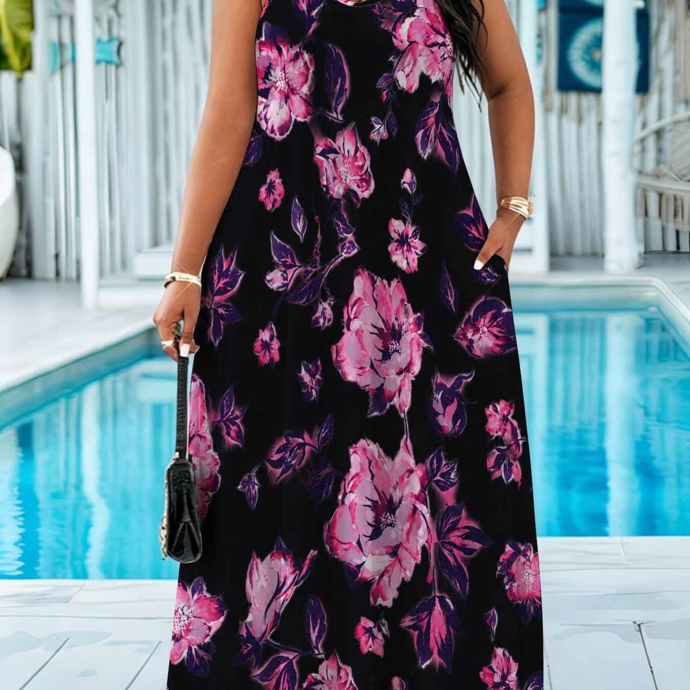 TEMU Plus Size, Plus-size Elegant Rose Print Sundress With Pockets. Bohemian Style And , Perfect For Vacations, Travel, And Parties. Fashionable