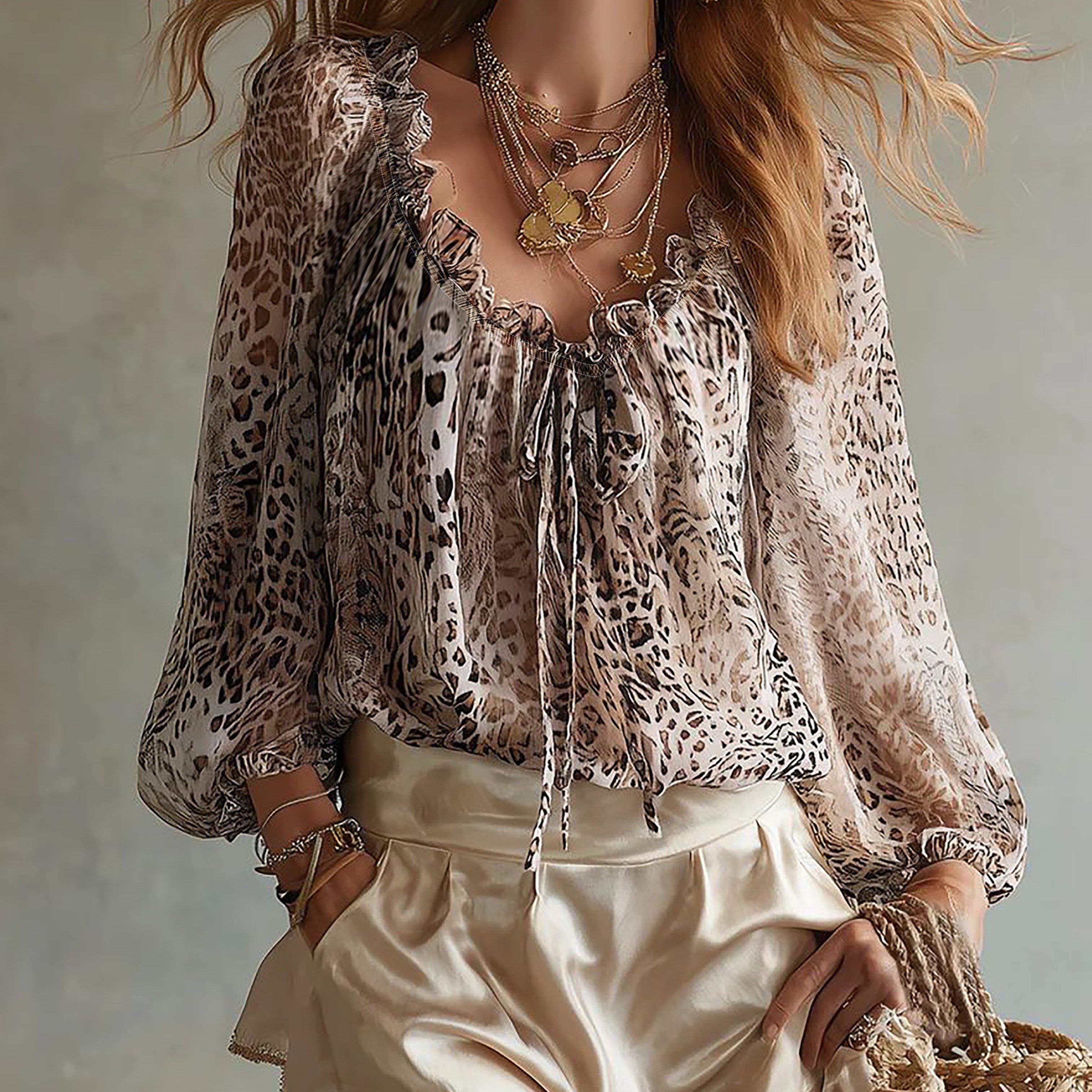 TEMU Leopard Print Chiffon Round Neck Top, Retro Bohemian Blouse With Edges And Tie-front Lantern Sleeves, Lightweight Sheer Vacation Loose