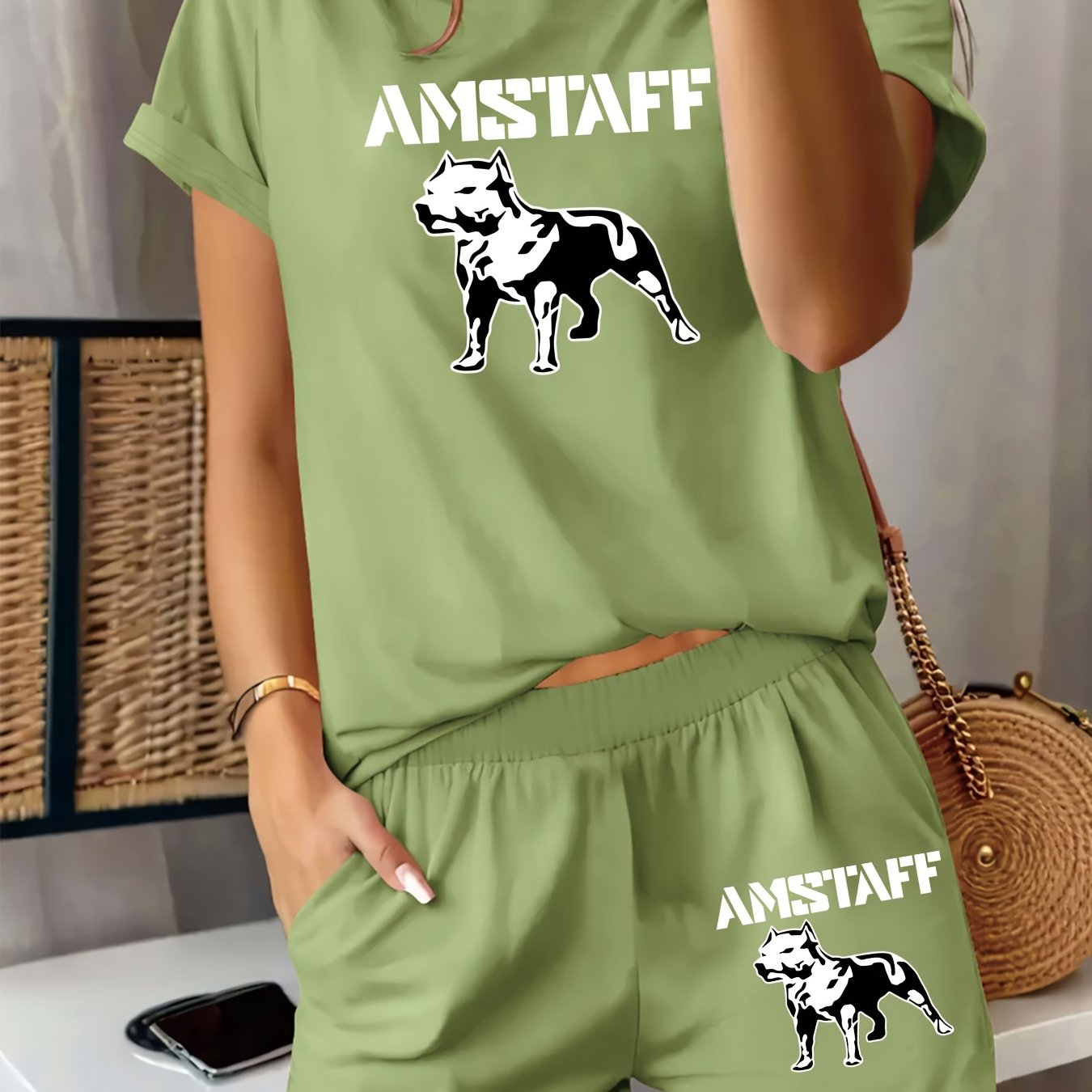 TEMU A Stylish And Comfortable Women'-piece Set Featuring A Round-neck Short-sleeve T-shirt With The Logo And A Dog Silhouette Design, With Pocket
