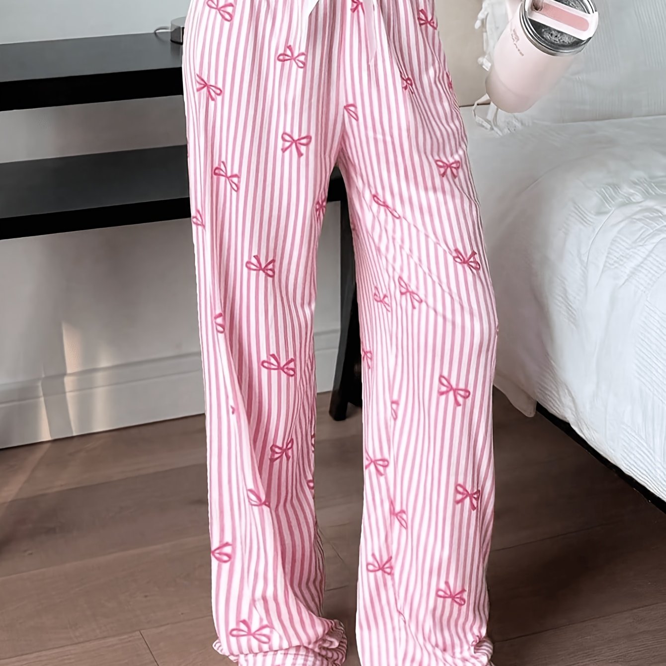 TEMU "26aw" Women's Pajamas, 1pc Home Sleepwear, Casual Sleep Pants, Striped Bow Theme Trousers, Loose Comfortable Elastic Waistband Pants, Elegant