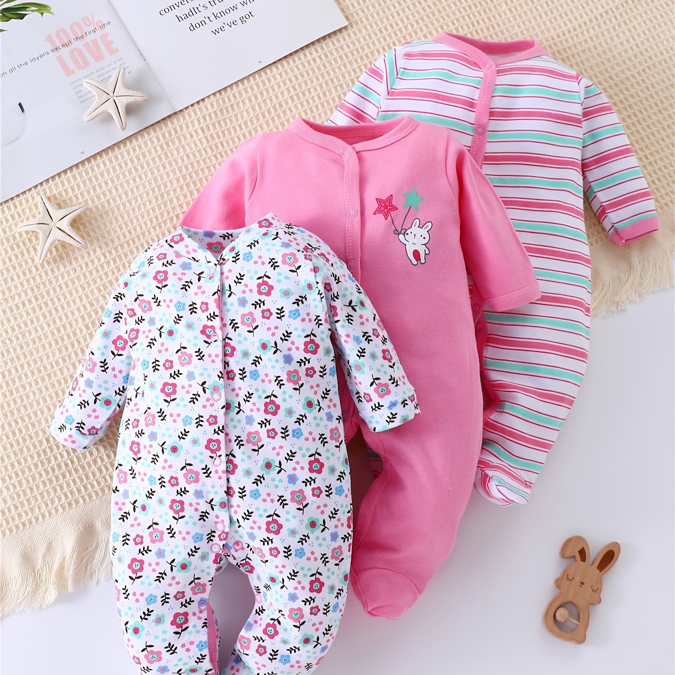 Image of 3pcs Set 2025 New Comfortable Bodysuit For Kids - Cute Bunny, Floral & Striped Pattern Romper With Hand And Foot Coverage For Indoor/outdoor Wear, Perfect For Outdoor