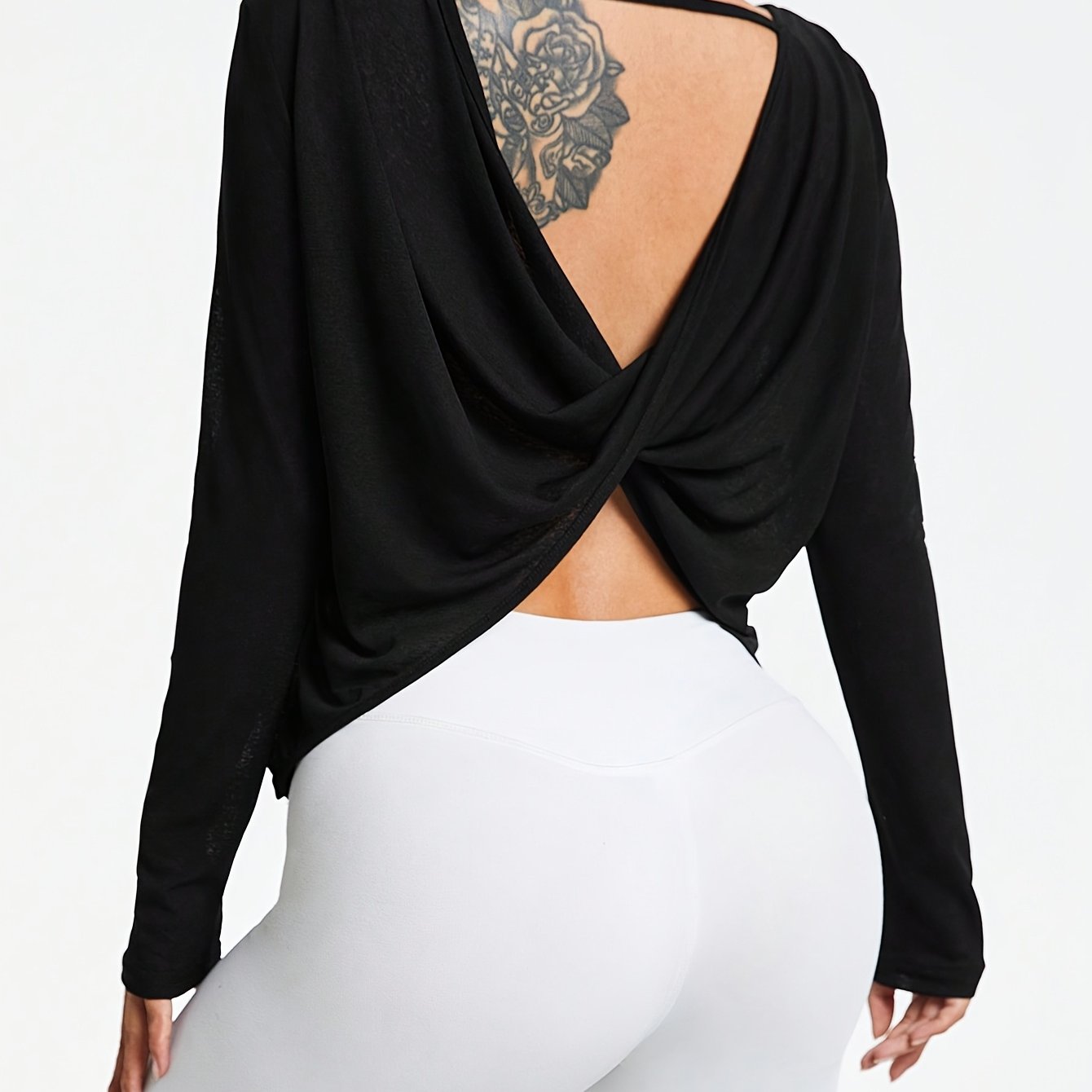 E-shop Damen-Langarmshirt mit Rückenkreuz-Detail - Atmungsaktives Stretch-Yoga-Gym-Top, Halbtransparentes Sportliches Elegantes Design,