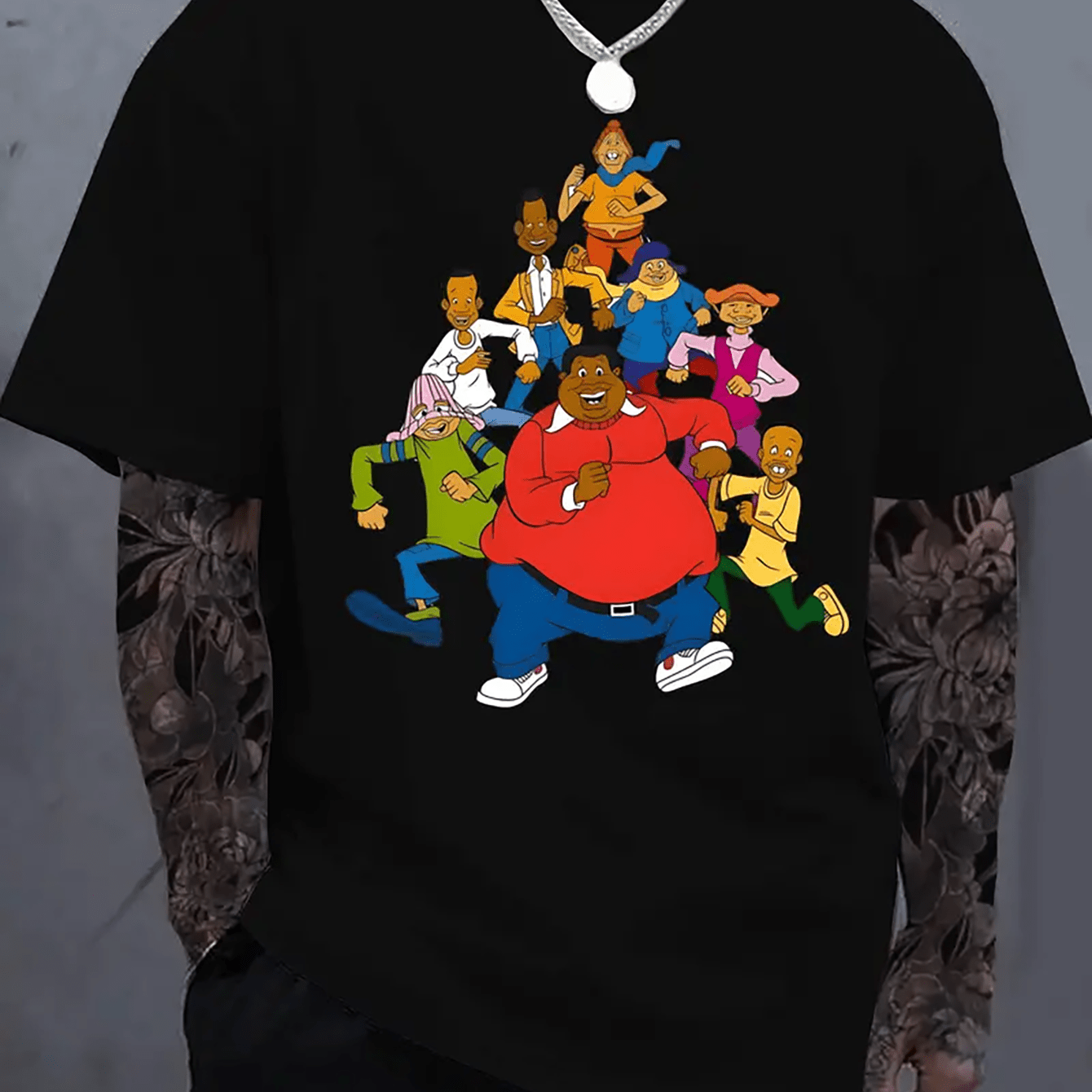 TEMU Men's Plus Size T-shirt | 100% Cotton, Loose Fit | Black With Colorful Cartoon Graphic | Round Neck, Short Sleeve | | Machine Washable | For Casual Attire