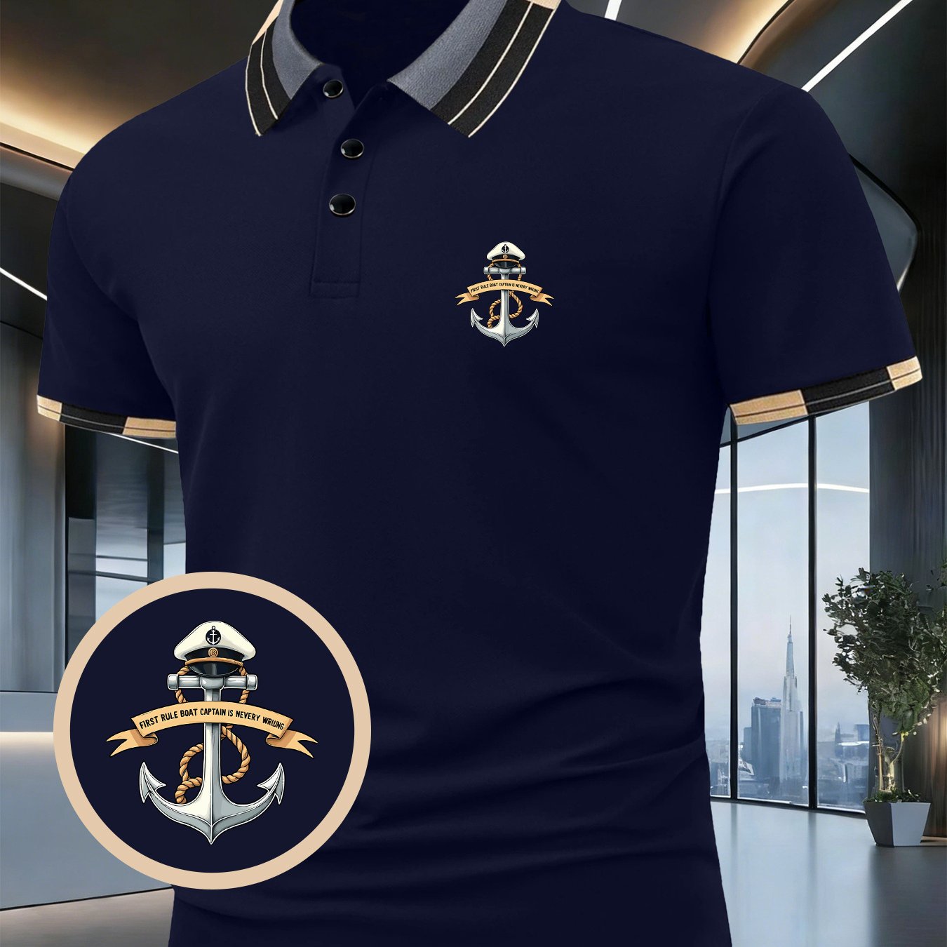 TEMU Captain Anchor Printed Men's Short-sleeve Shirt, Casual Men's Shirt With Contrasting Collar And Cuffs, Stylish, Slightly Stretchy, Comfortable