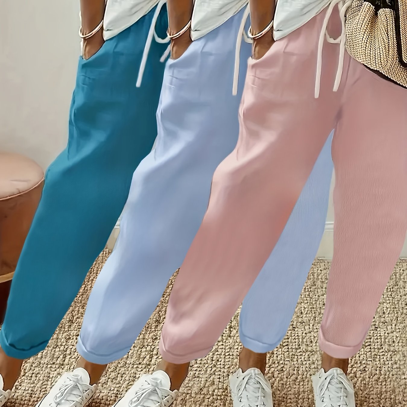 TEMU -color Mixed Set Women's Long Pants With Elastic Waistband, Slant Side Pockets, Drawstring, And Real Turn-up Cuffs