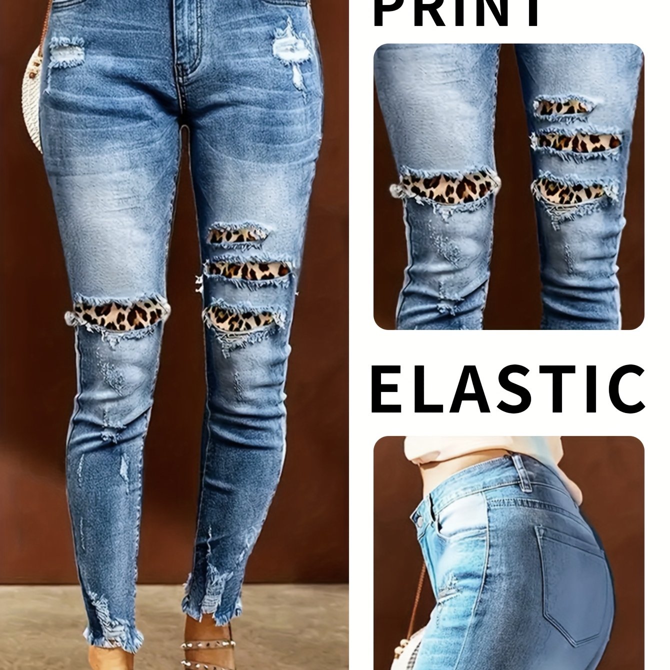 Stretchy Leopard Print Ripped Skinny Pants Denim Jeans