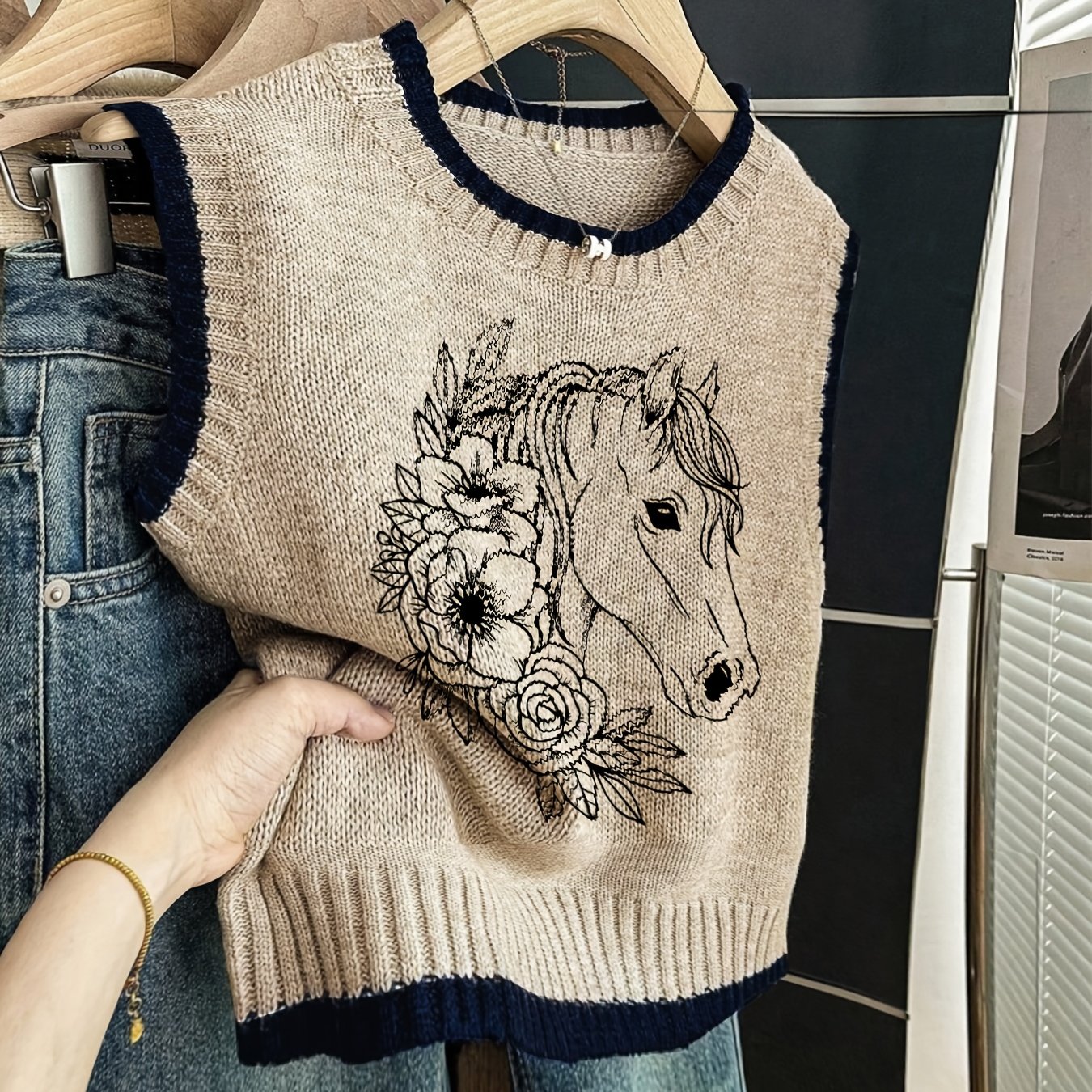 TEMU Printed Vest Women's Color-blocking Edge Round Neck Sleeveless Loose Layered Vest