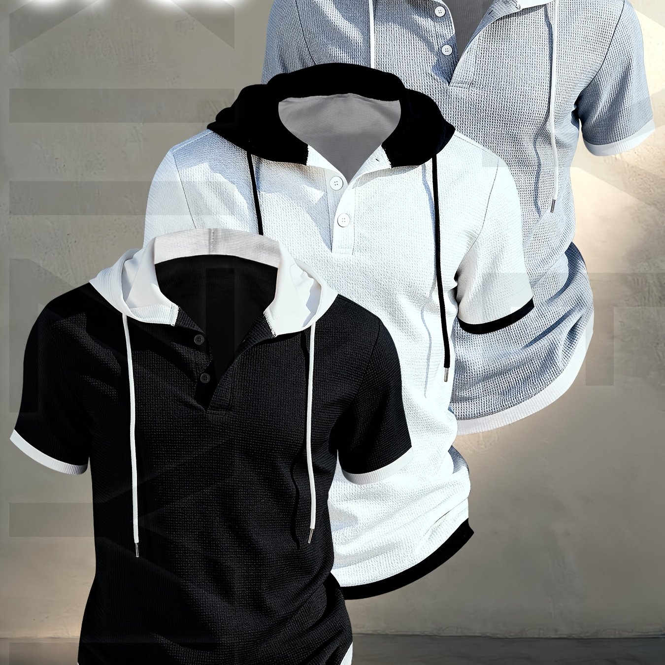 TEMU [ Obm] 3pcs Men's Casual Short Sleeve Hooded Henley Shirt - Textured Waffle Knit And Contrast Color With Button, Breathable Summer Outdoor