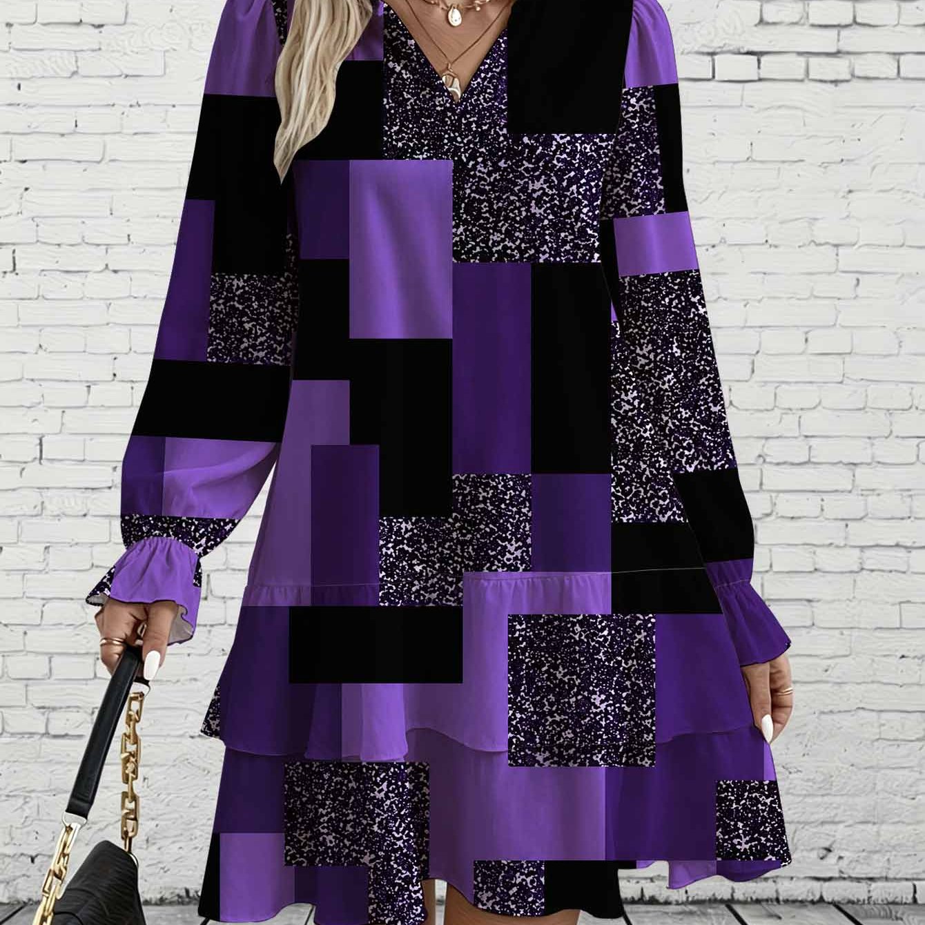 Image of Plus Size, Curvy Plussize Geometric Colorblock Print Longsleeved Dress. Doublelayered Cake Skirt. Modern Abstract Chic Loose And Flowy Autumn Comfortable Elegant Party Dress.