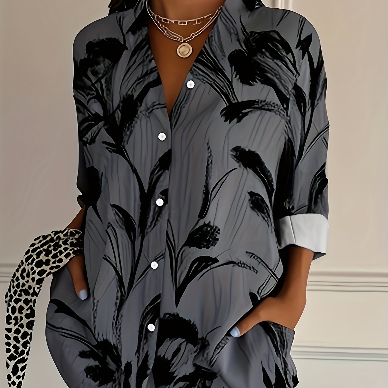 Plus Size - Plus Size - Size Printed Long Sleeve Casual Shirt