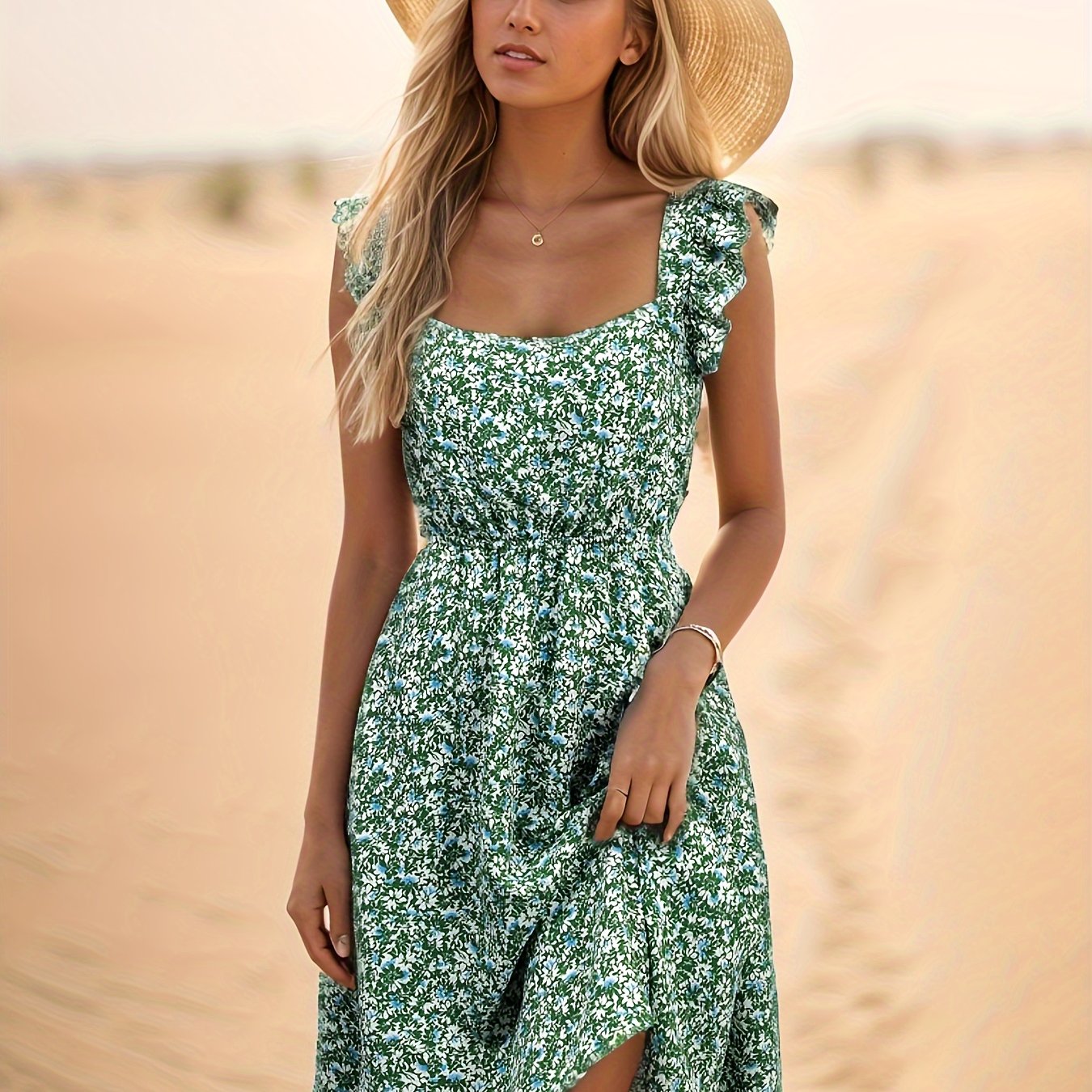 Women&#39;s Elegant Floral Print Square Neck Dress with Adjustable Tie Waist &amp; Back Bow Detail - Lightweight Summer Machine-Washable Midi Dress for Casual to Formal Occasions, Cute Dresses, Casual to Formal Wear, No Stretch Fabric