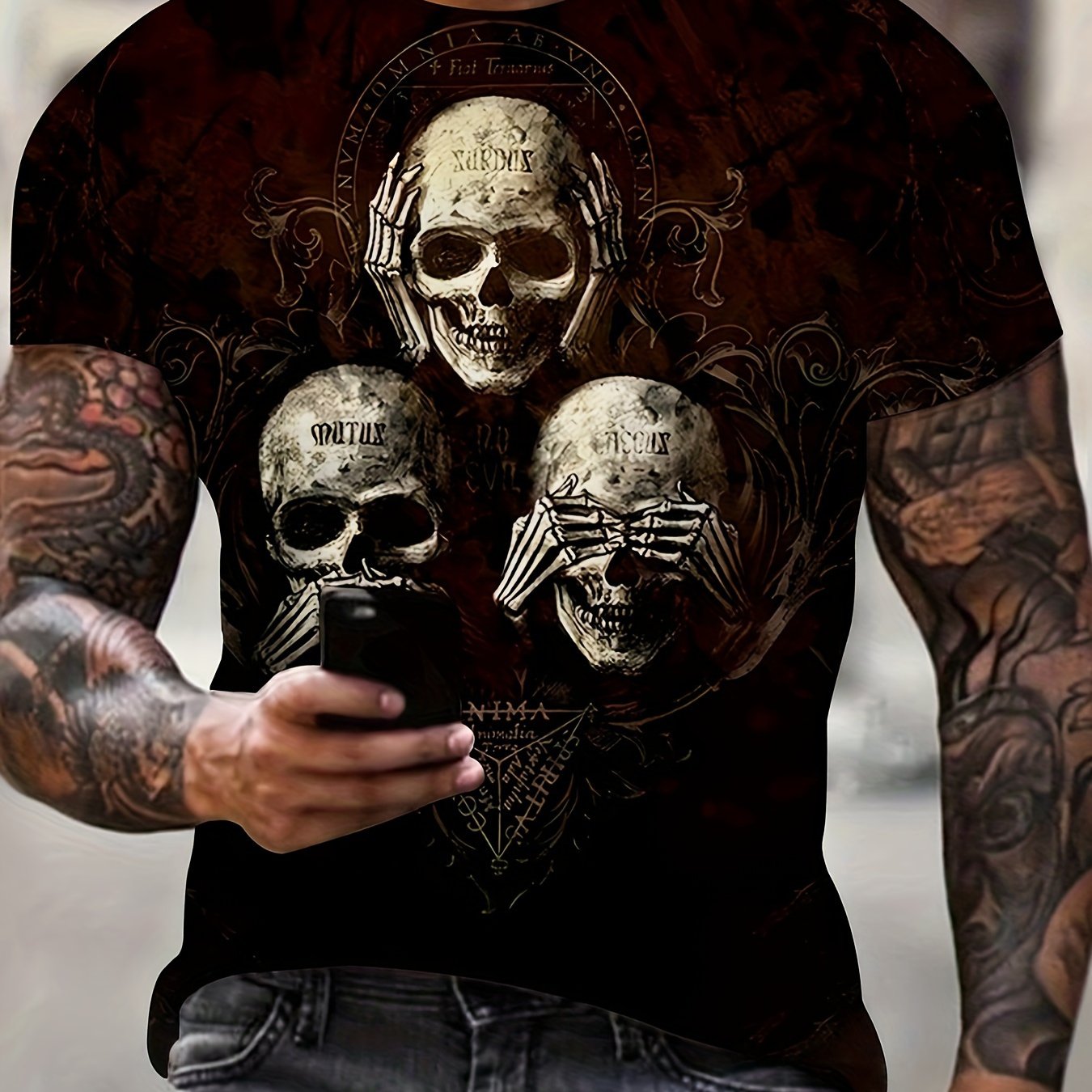 Men's Casual Short Sleeve T-shirt With Skull& Geometric Graphic Print- Semi-sheer Breathable Fabric, Regular Fit Round Neck Summer Tee For Adult Men, Medium Stretch Shirt