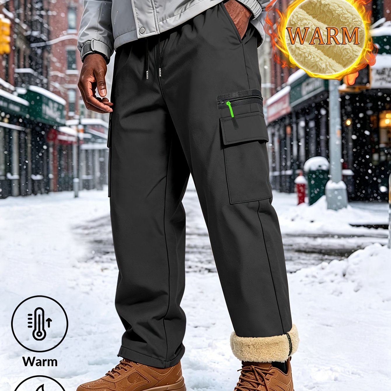 TEMU Men's Autumn Winter Fleece-lined Windproof Warm Casual Cargo Pants, Drawstring Elastic Waist With Cargo Pockets And Decorative Zipper, Suitable