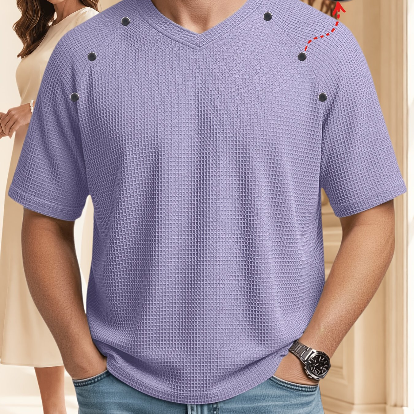 TEMU 's Fashionable Large Waffle Knit Short-sleeve Shirt, Chicken-heart Collar Crew Neck Shirt, Men's Chicken-heart Collar Short-sleeve T-shirt, And