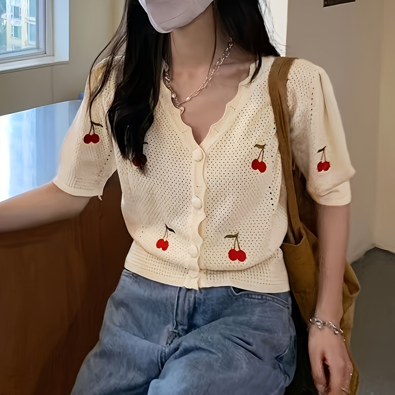Image of Spring And Summer Fashion Breathable Cute Embroidered Cherry Cardigan Sweater For Women