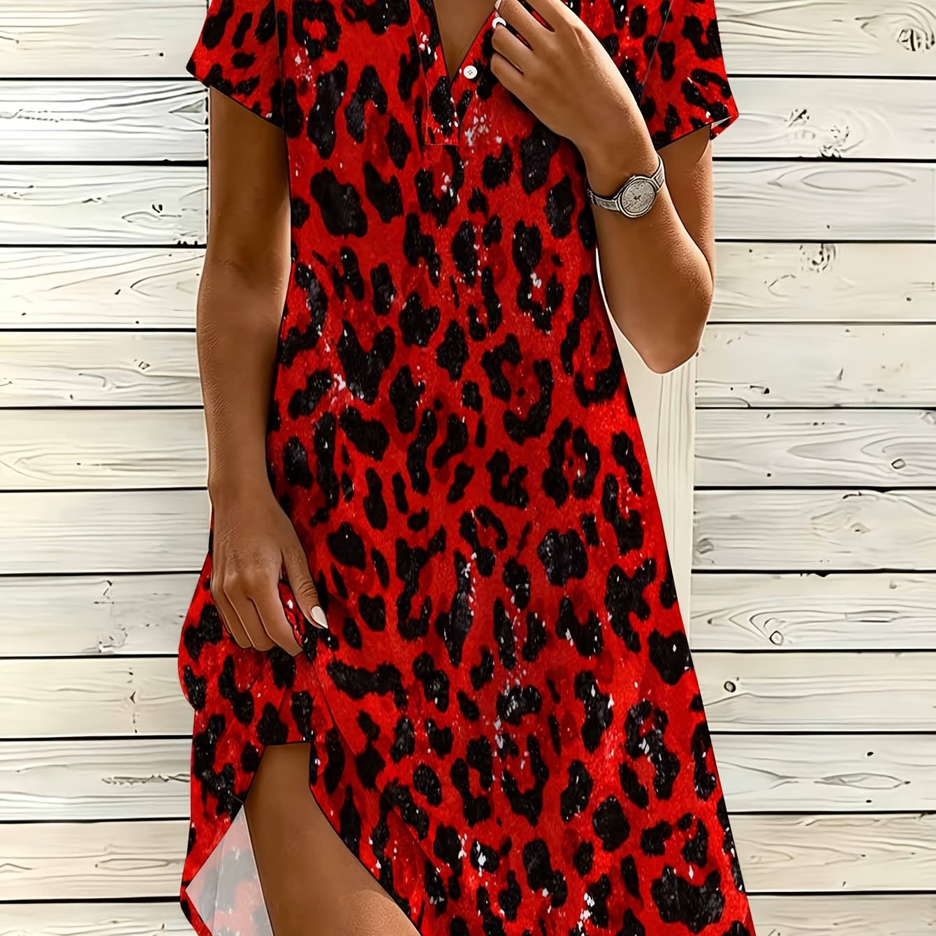 TEMU Women's Fashion Shirt Dress, V-neck Button Dress, Leopard Print