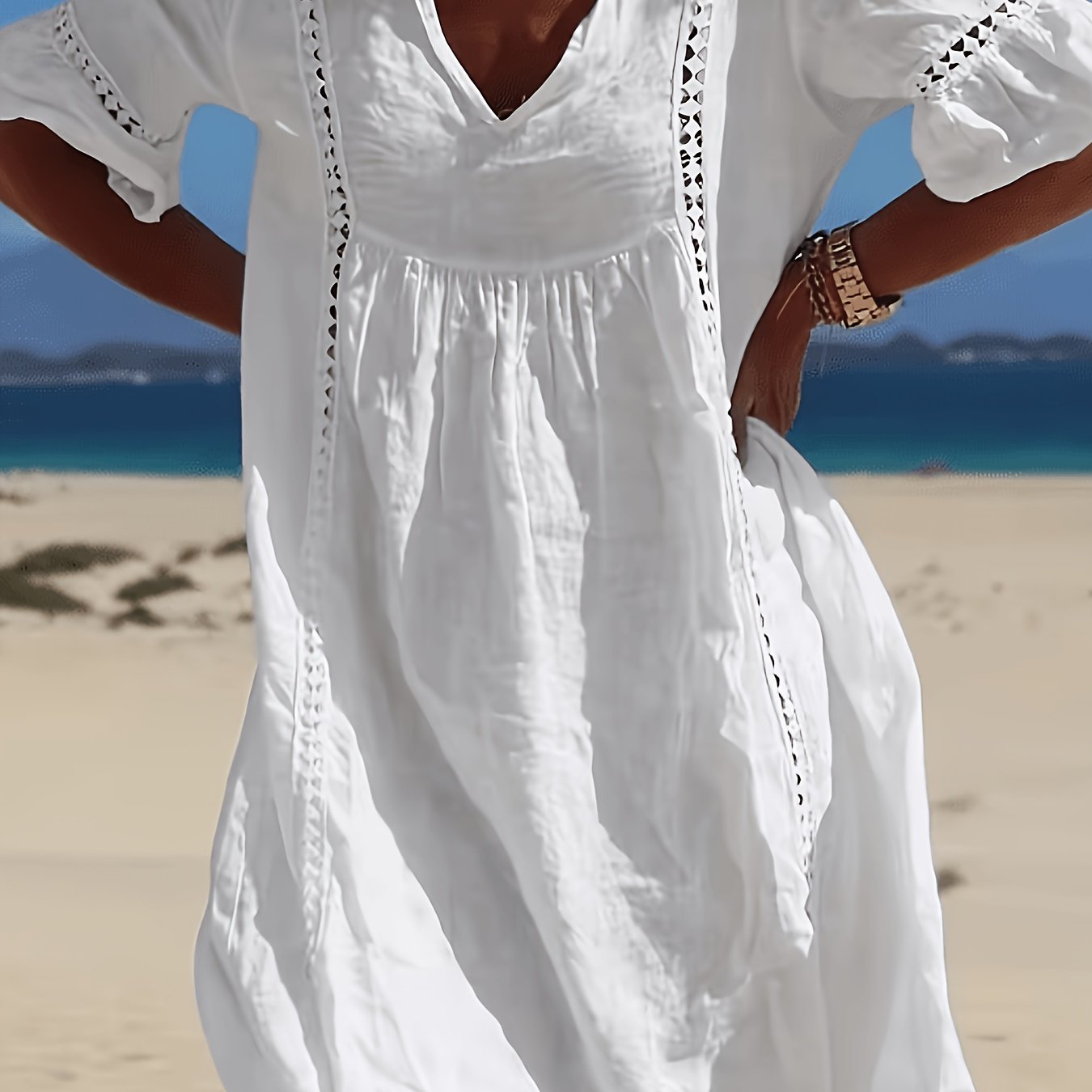 TEMU Elegant Semi-sheer V-neck Short Sleeve Dress With Lace Hem & Hollow-out Panel - Loose-fit Solid Color Dress Suitable For - Wear, Hand Washable