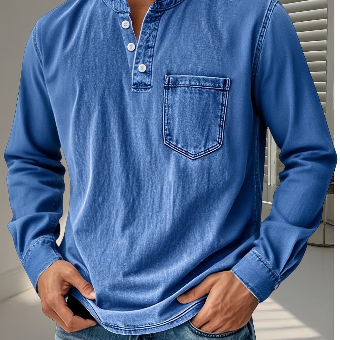 TEMU Mens Henley Collar Long Sleeve Shirts Vintage Washed Denim Texture Pullover Tops With Chest Pocket Casual Loose Fit Lightweight 3 Button Henley