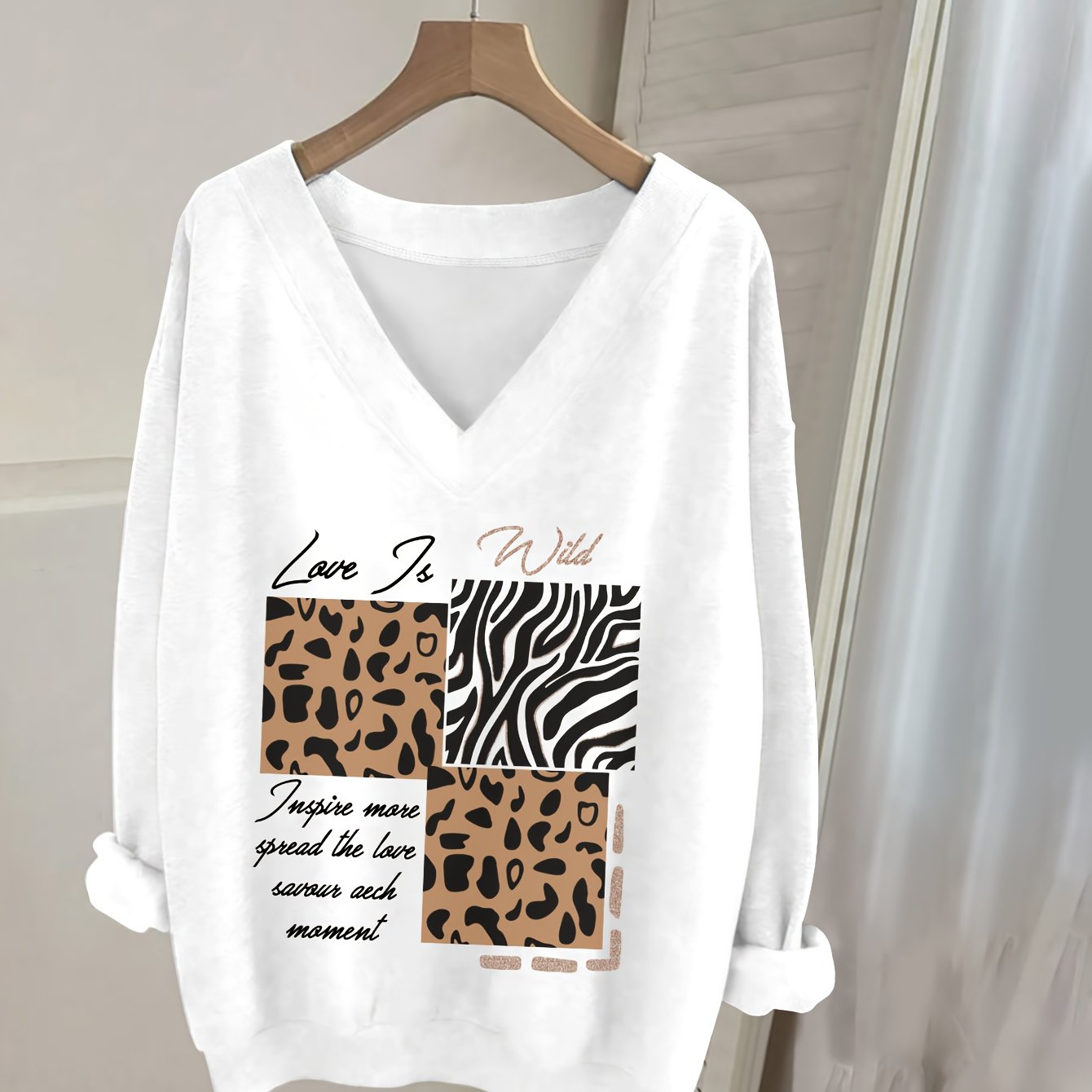 0829, Casual V-neck Long Sleeve Sweatshirt With Letter Print, Women's Long Sleeve T-shirt, Long Sleeve Top, Fashion Top