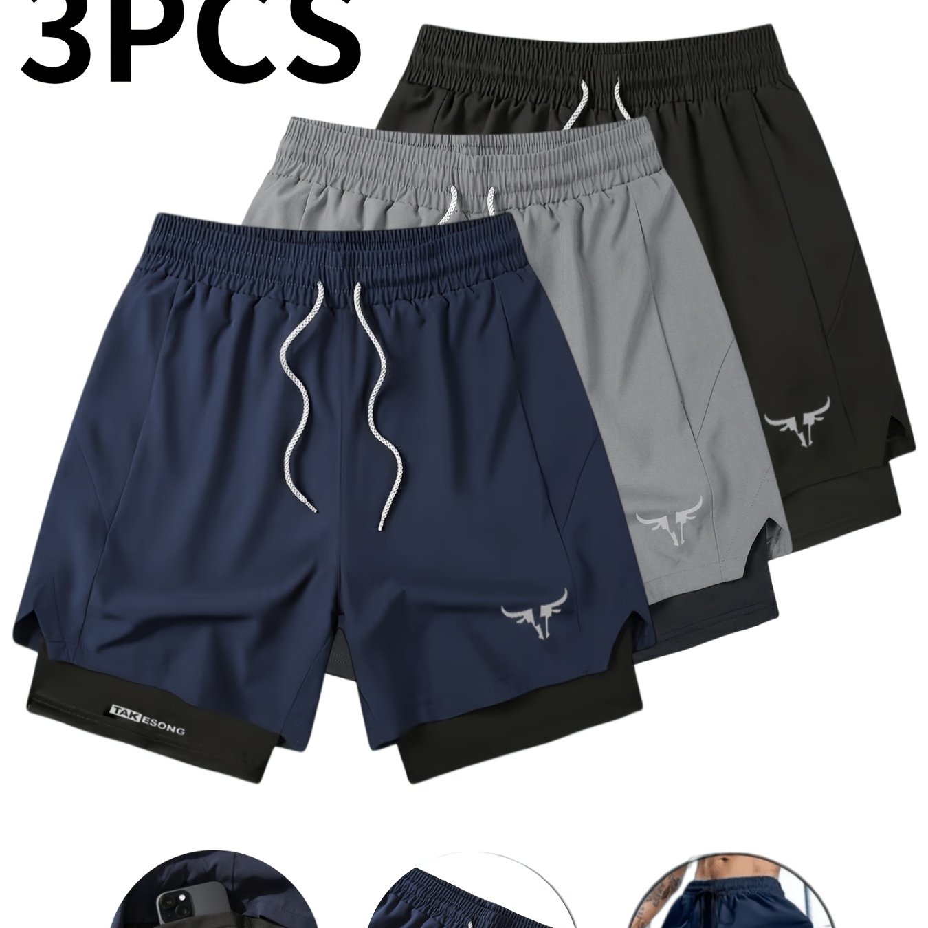 TEMU 3pcs Men's Casual Sports Shorts, Double-layer Anti-see-through Design, Elastic Drawstring Waistband - Breathable Fabric, Quick-drying