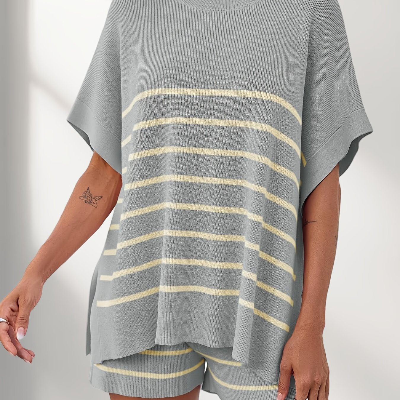 Women's Striped 2pcs Outfits | Oversized Batwing Short Sleeve Tops With Crew Neck, High Waisted Shorts | Elegant Spring/ Short Sets