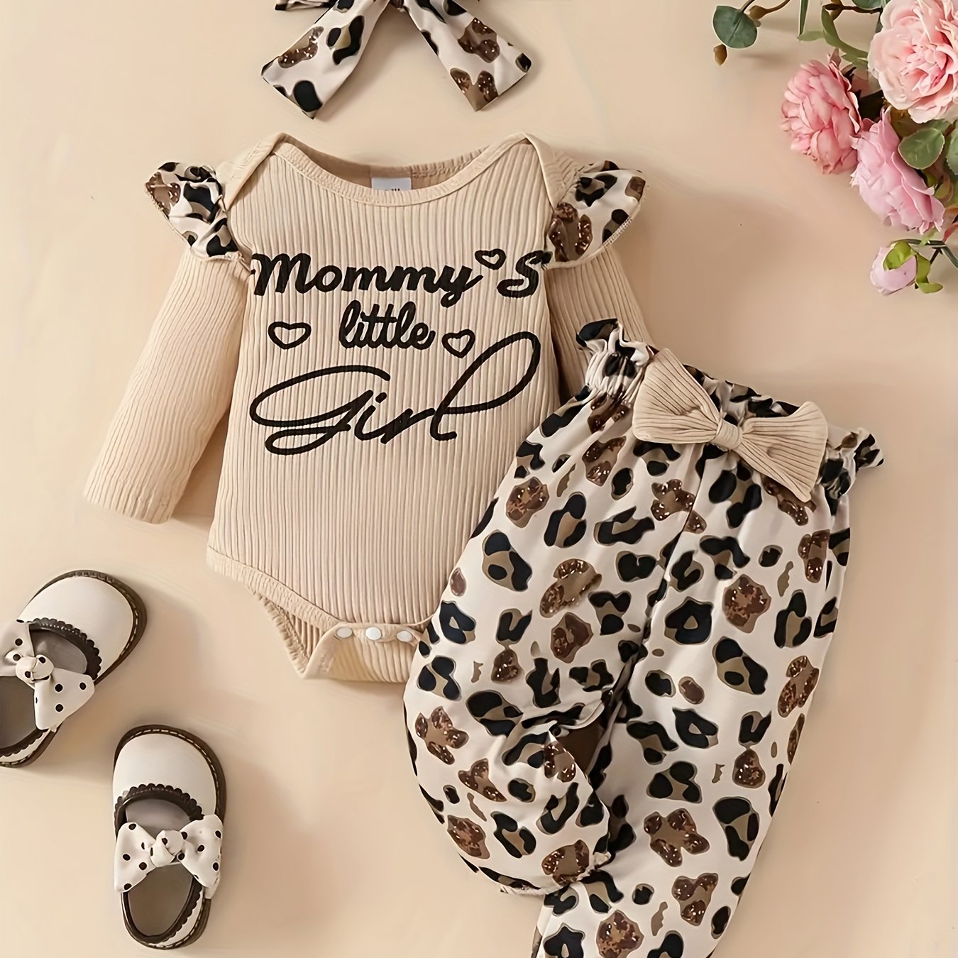 Image of 2pcs Set For Toddlers And Infants: Little Girl Print Ribbed Bodysuit + Headband + Leopard Pants, Suitable For Spring And Autumn, Perfect For Outdoor