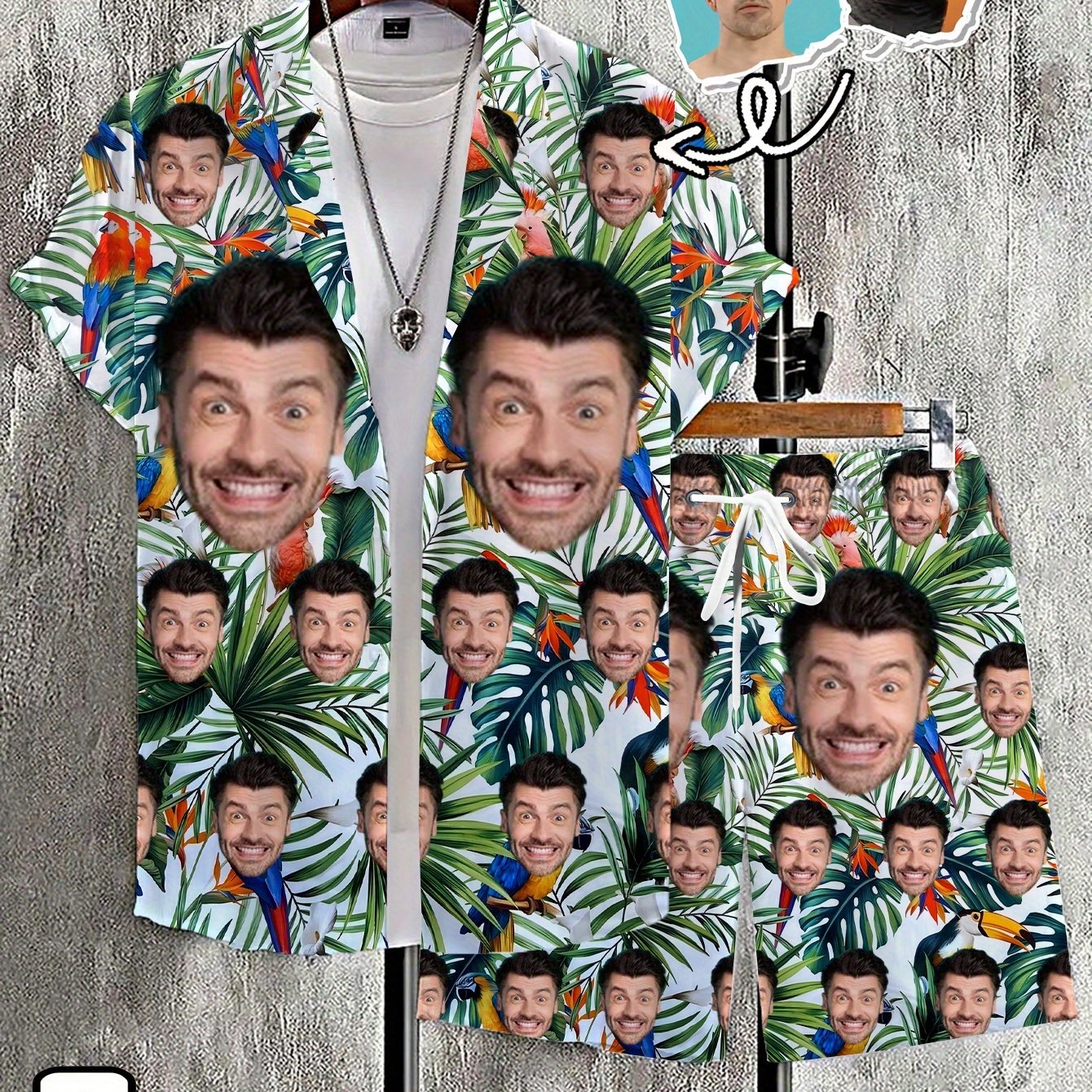 TEMU Men's Custom Hawaiian Shirt Set, With Custom Face Print, Short Sleeve Shirt And Shorts, Beach Or Party Casual Polyester Outfit, Perfect For