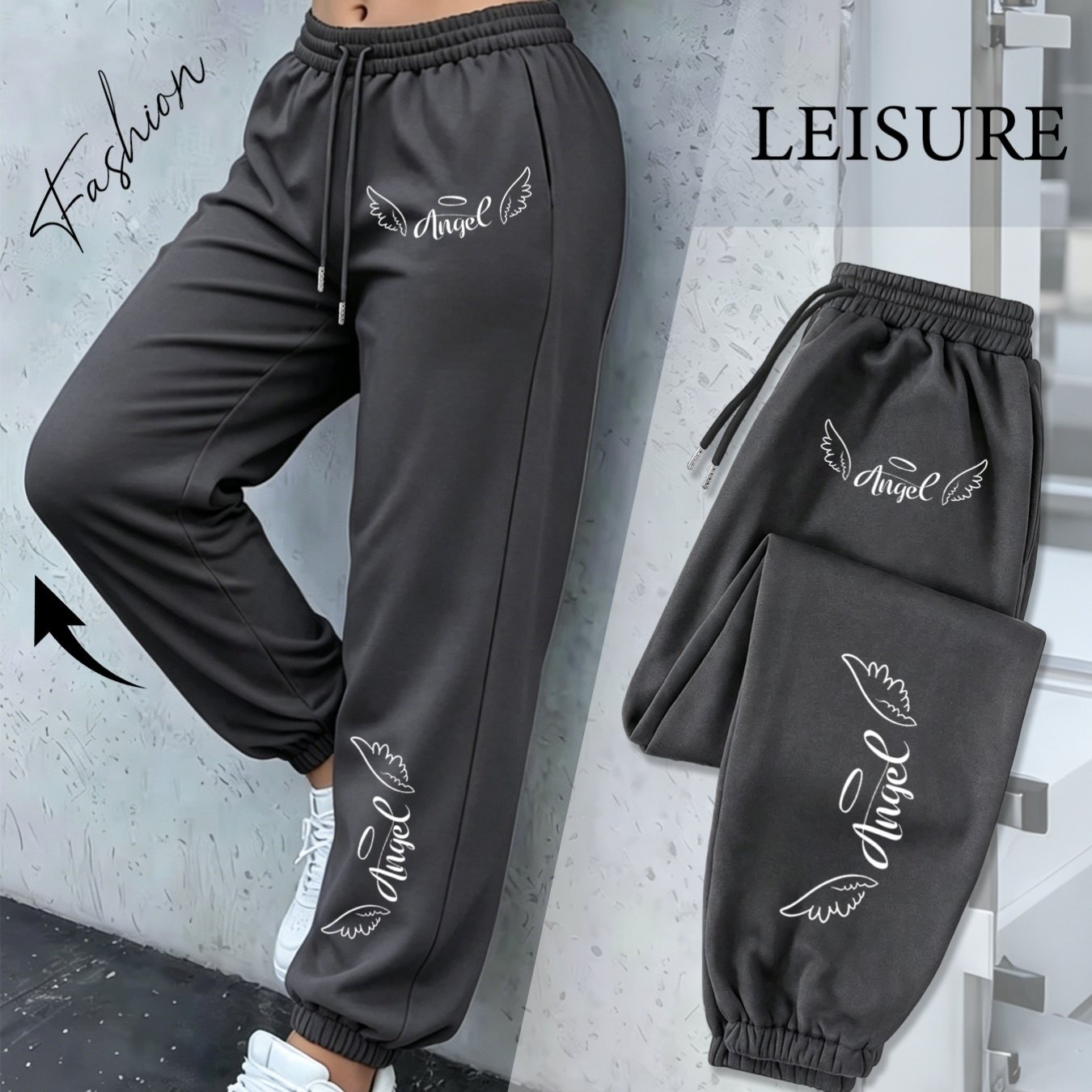 Image of Plus Sizesweet Wings Halo Handwritten English Print Jogger Pants For Women, Elastic Drawstring Loose Running Pants, Soft And -friendly Comfortable Fabric, Gentle Casual Trousers